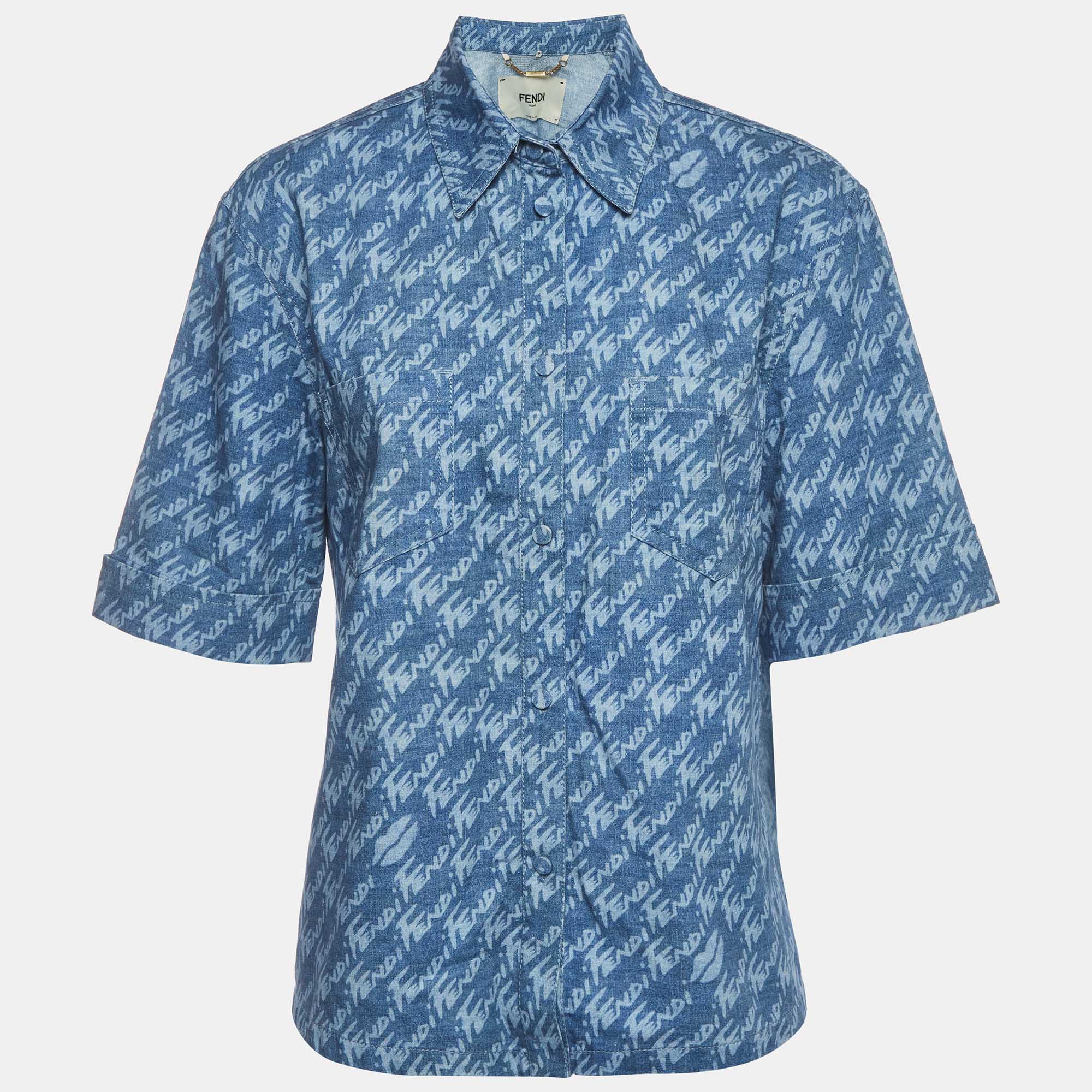 Fendi Blue Logo Print Chambray Short Sleeved Shirt M