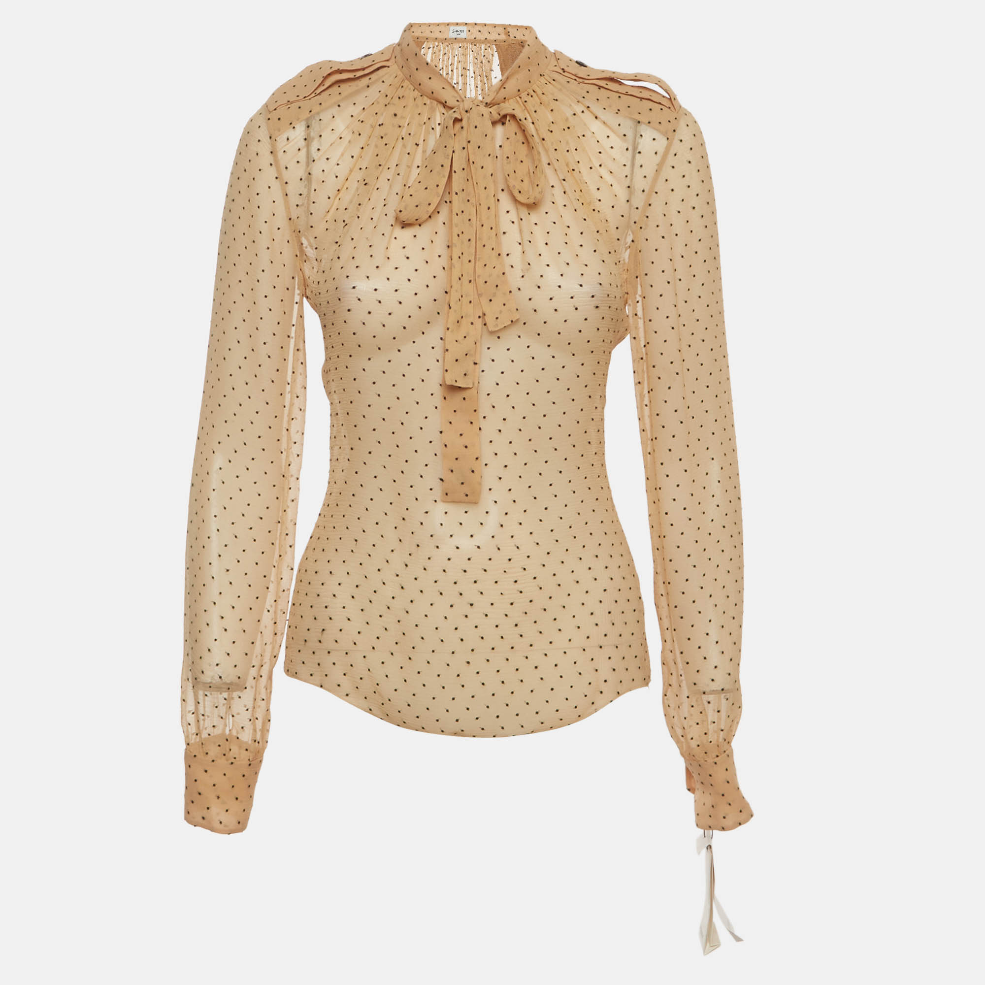 Saint Laurent Beige Swiss Dot Long Sleeve Sheer Top S Saint Laurent Paris