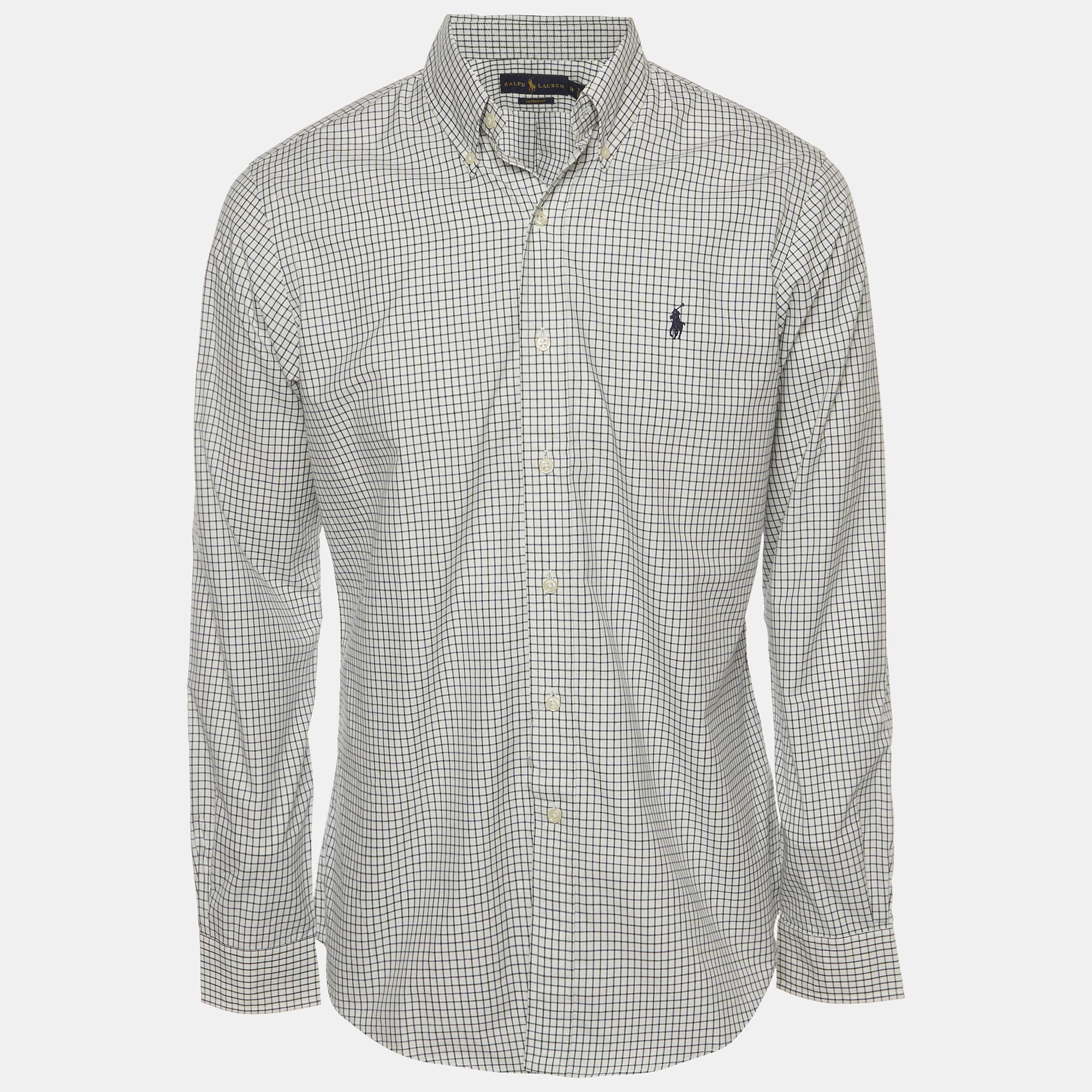 Ralph Lauren White Checked Cotton Custom Fit Button Down Shirt M