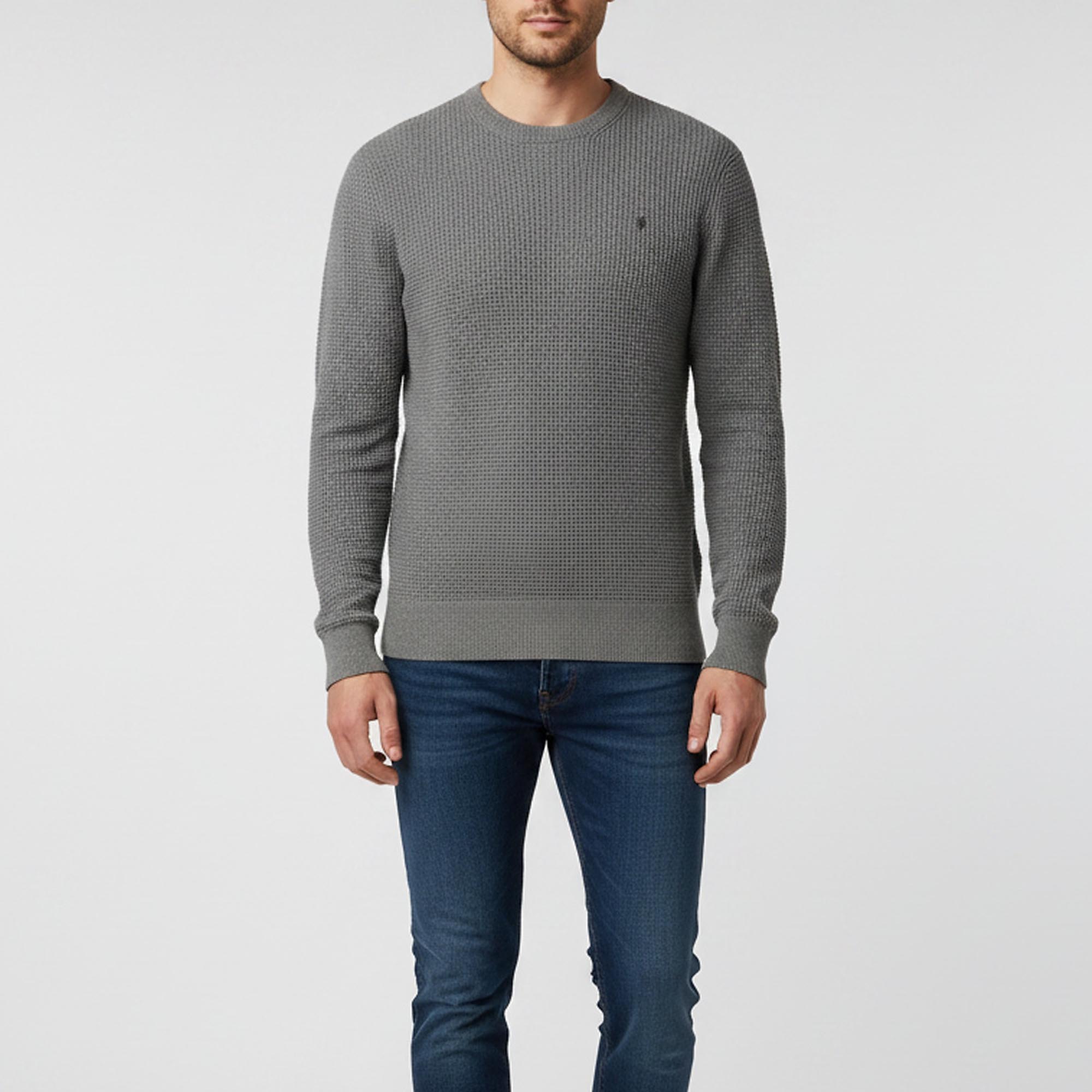 All Saints Grey Waffle Knit Crew Neck Wells Pullover S