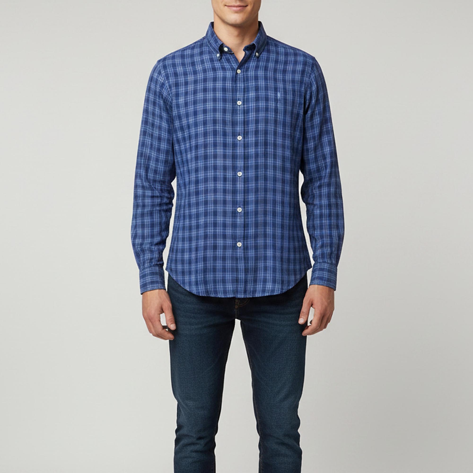 Polo Ralph Lauren Navy Blue Plaid Linen Button Down Shirt S