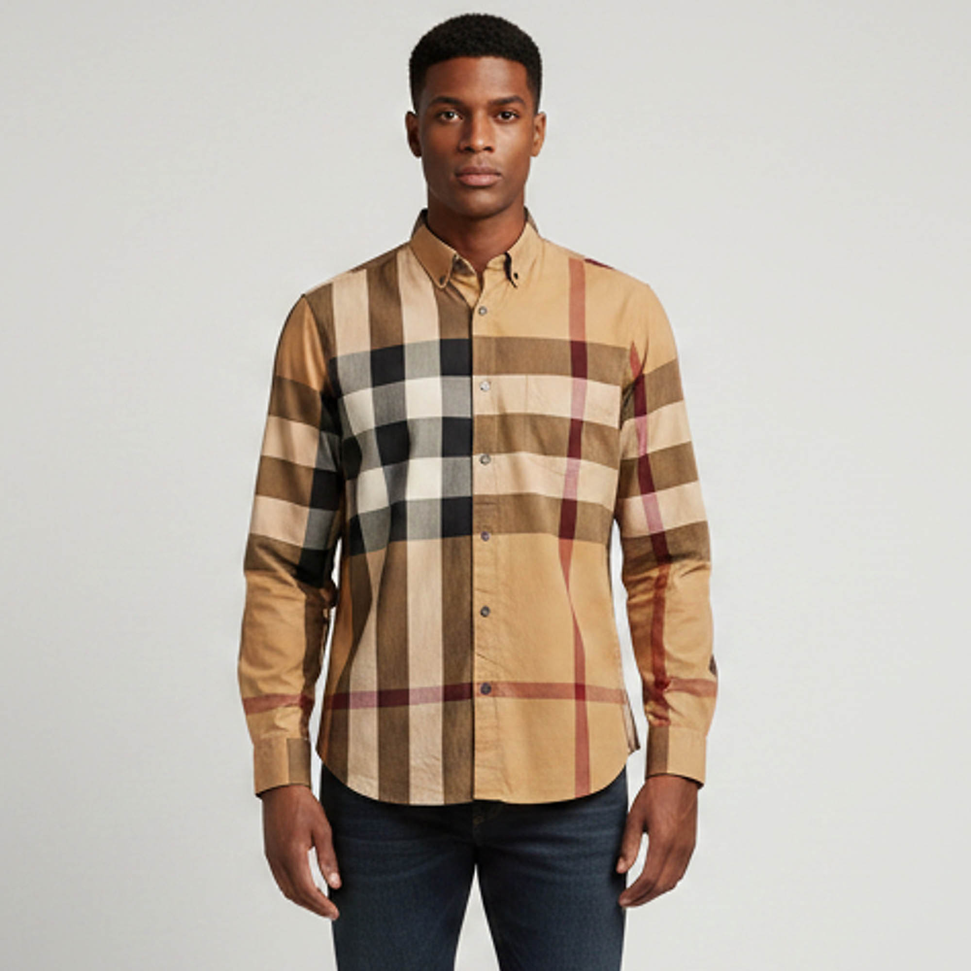 Burberry Brit Beige Checked Cotton Button Down Shirt L