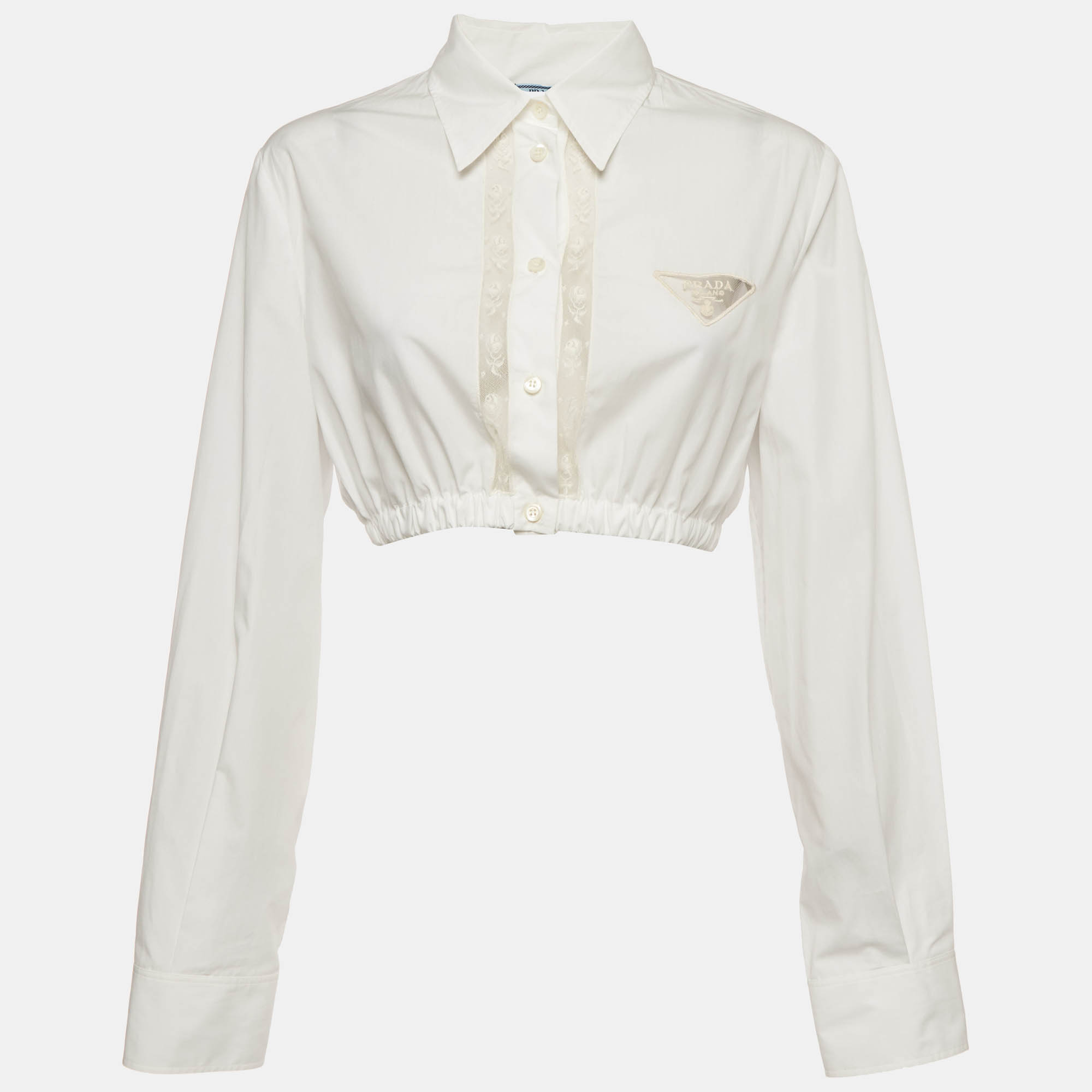 Prada White Poplin Lace Trim Button Up Crop Top L