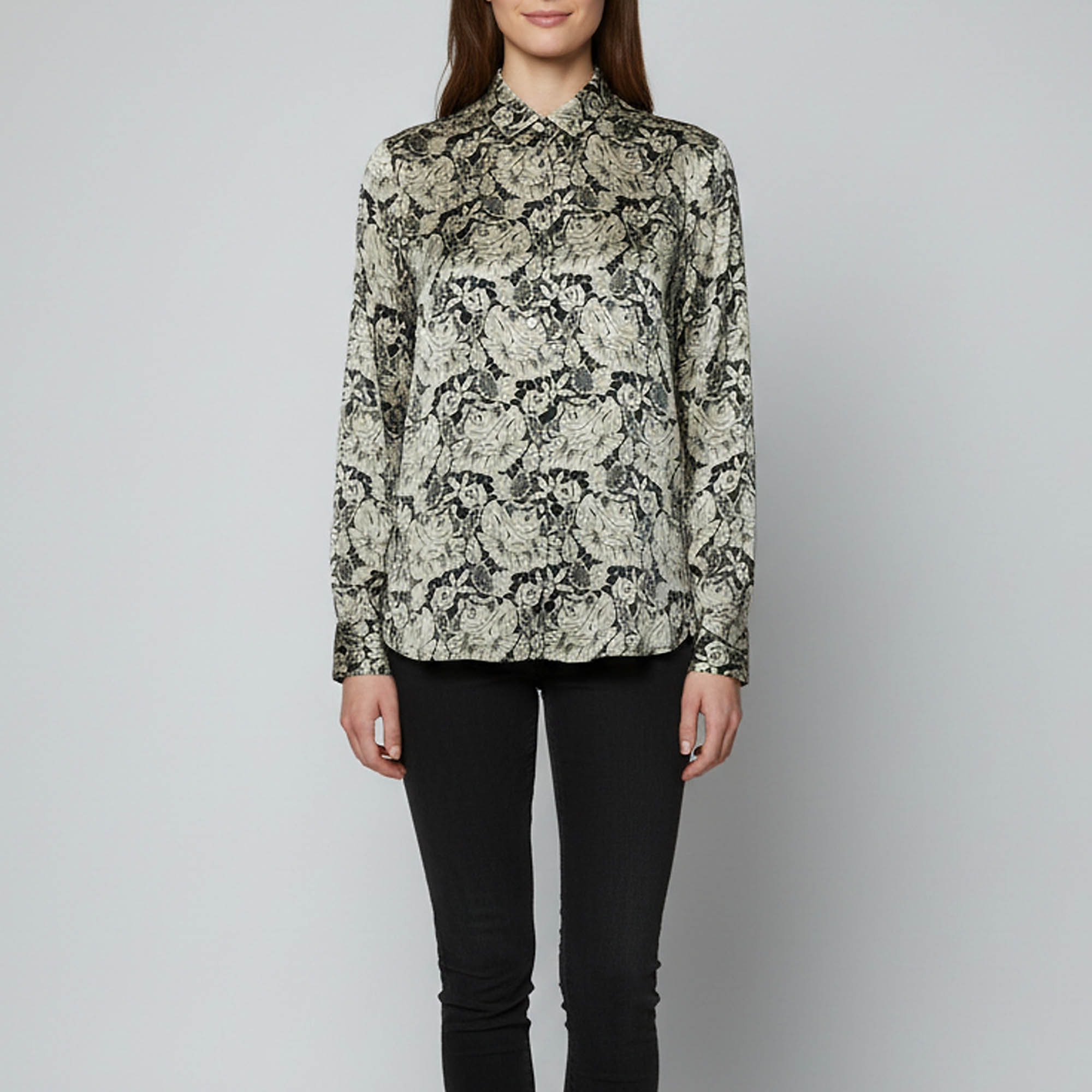 Stella McCartney Black/Ivory Lace Print Silk Long Sleeve Shirt L