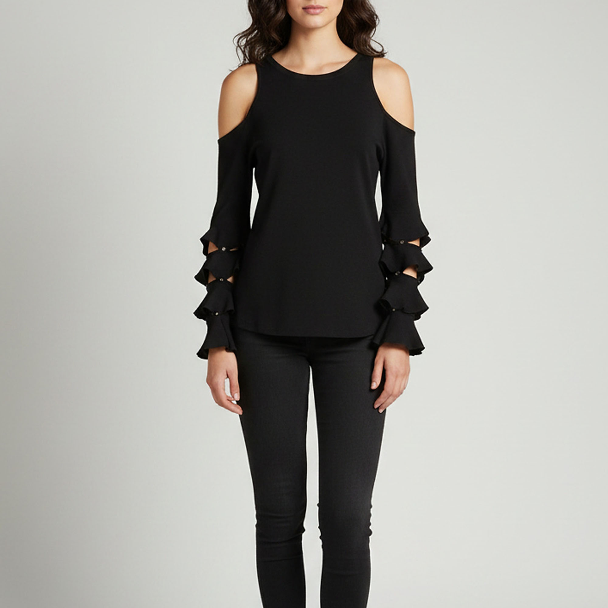 Jonathan Simkhai Black Ruffled Sleeve Knit Cold Shoulder Top L