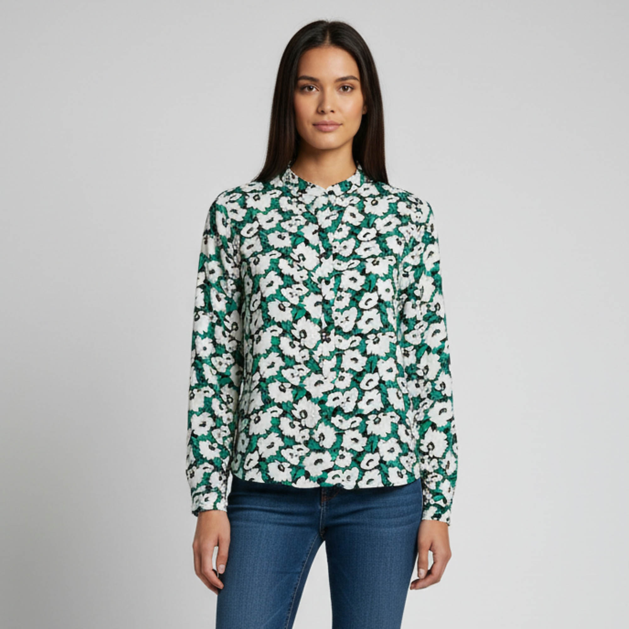 Stella McCartney Green/White Floral Print Silk Long Sleeve Blouse L