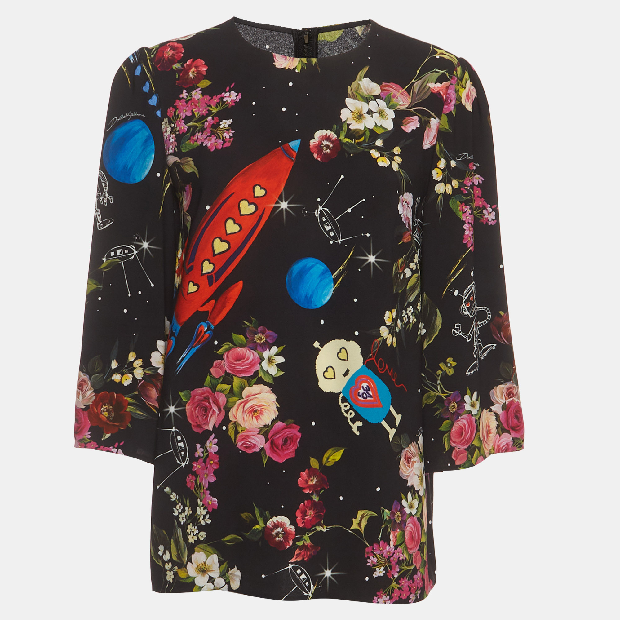 Dolce & Gabbana Black Printed Crepe Long Sleeve Top L