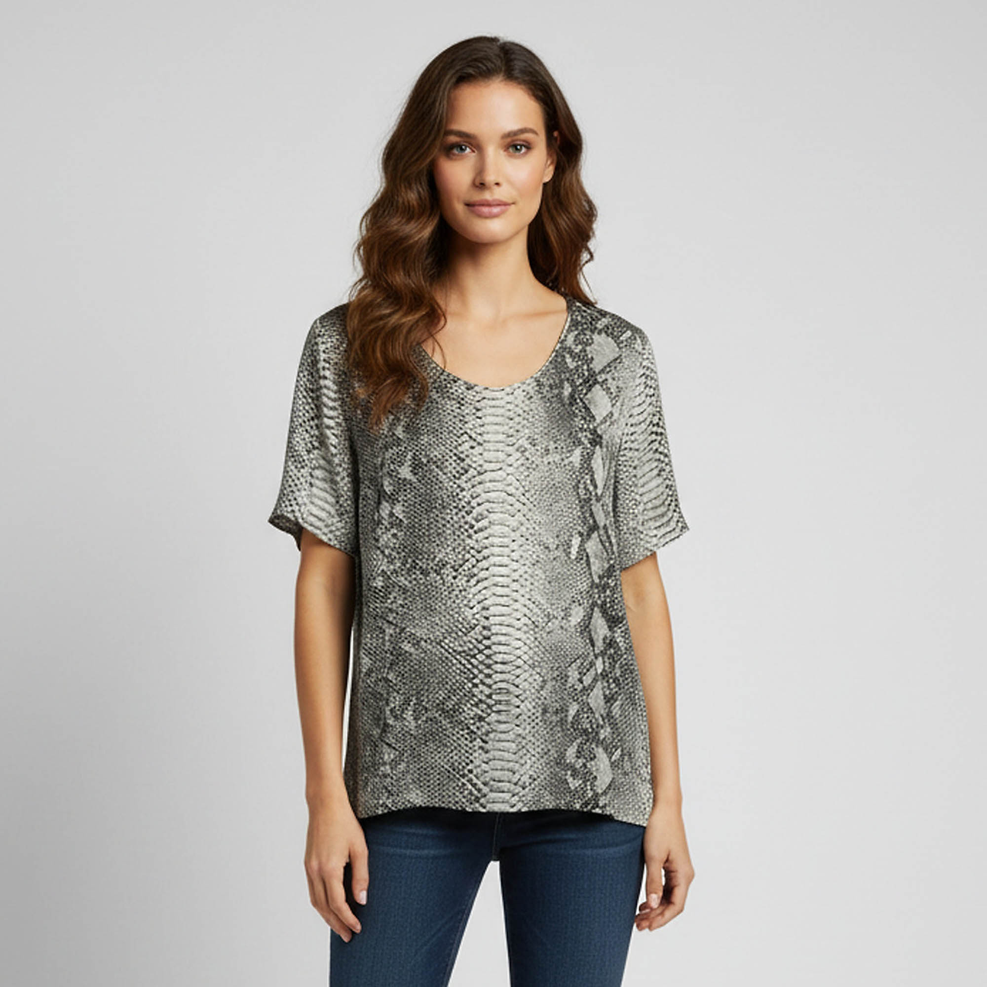 Stella McCartney Grey Snake Print Silk Satin Short Sleeve Top L