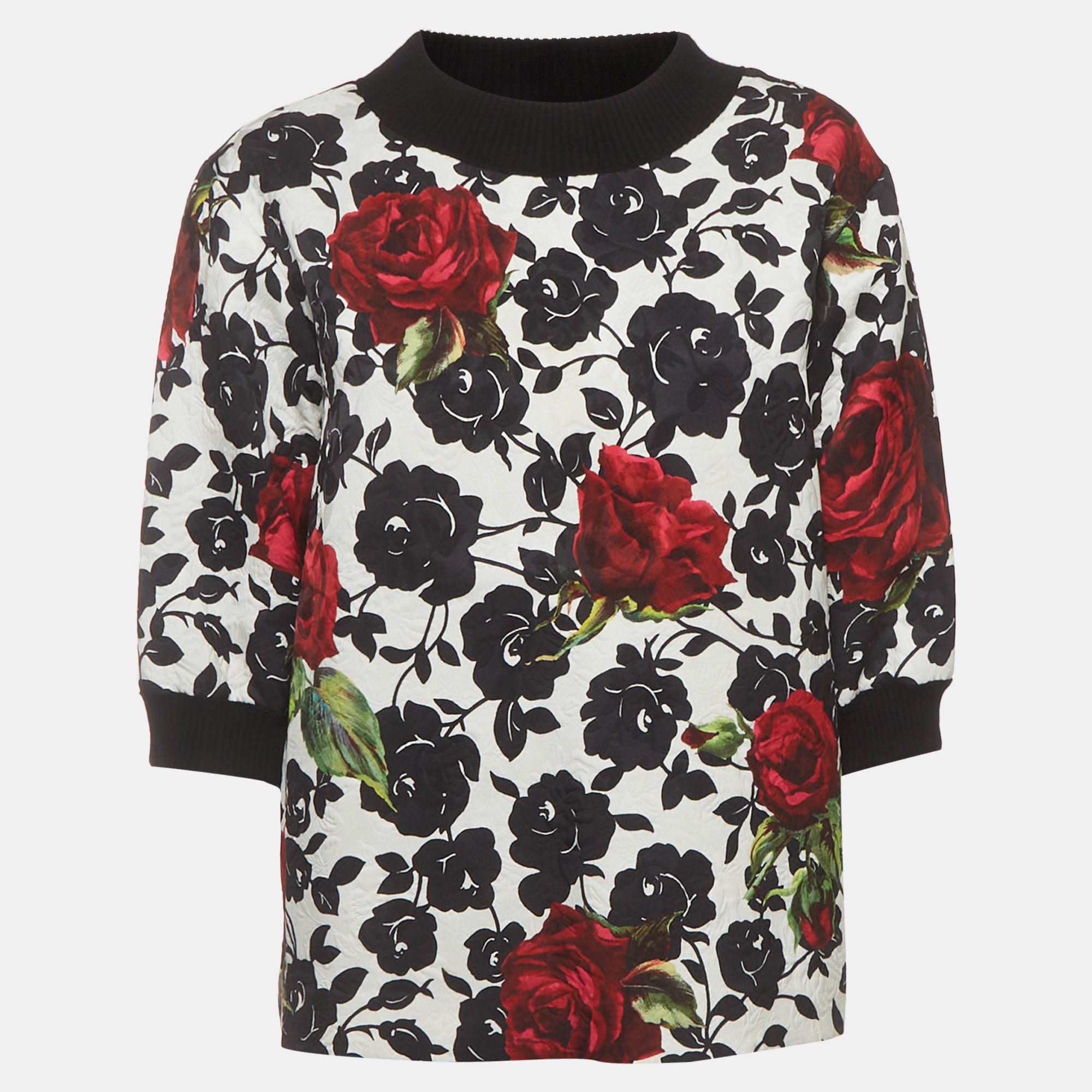 Dolce & Gabbana White Floral Print Jacquard Crewneck Top M