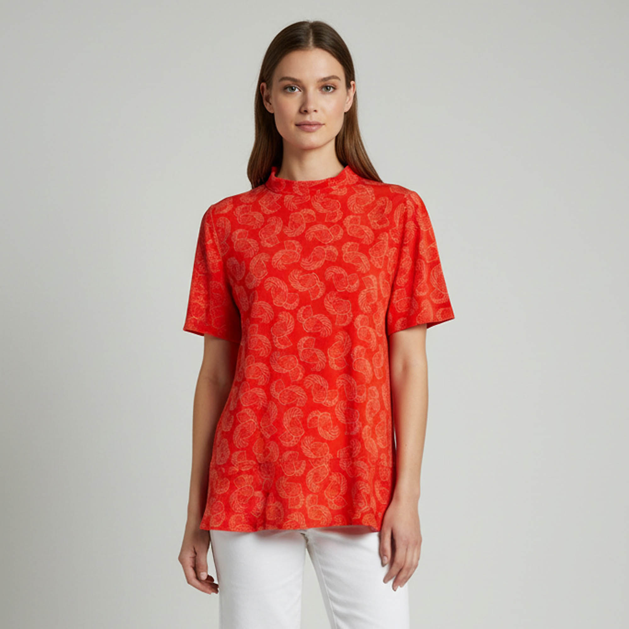 Stella McCartney Orange Floral Print Silk Mock Neck Blouse L