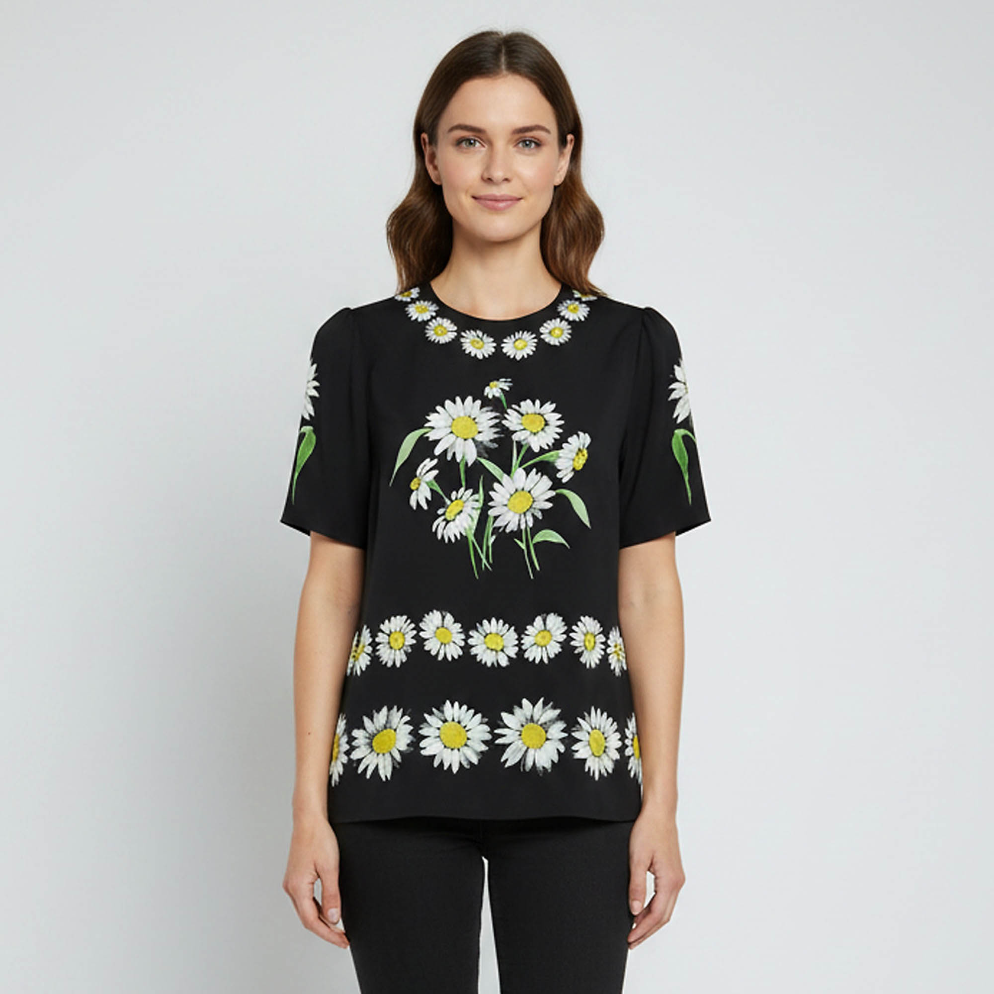 Dolce & Gabbana Black Daisy Print Silk Short Sleeve Blouse L