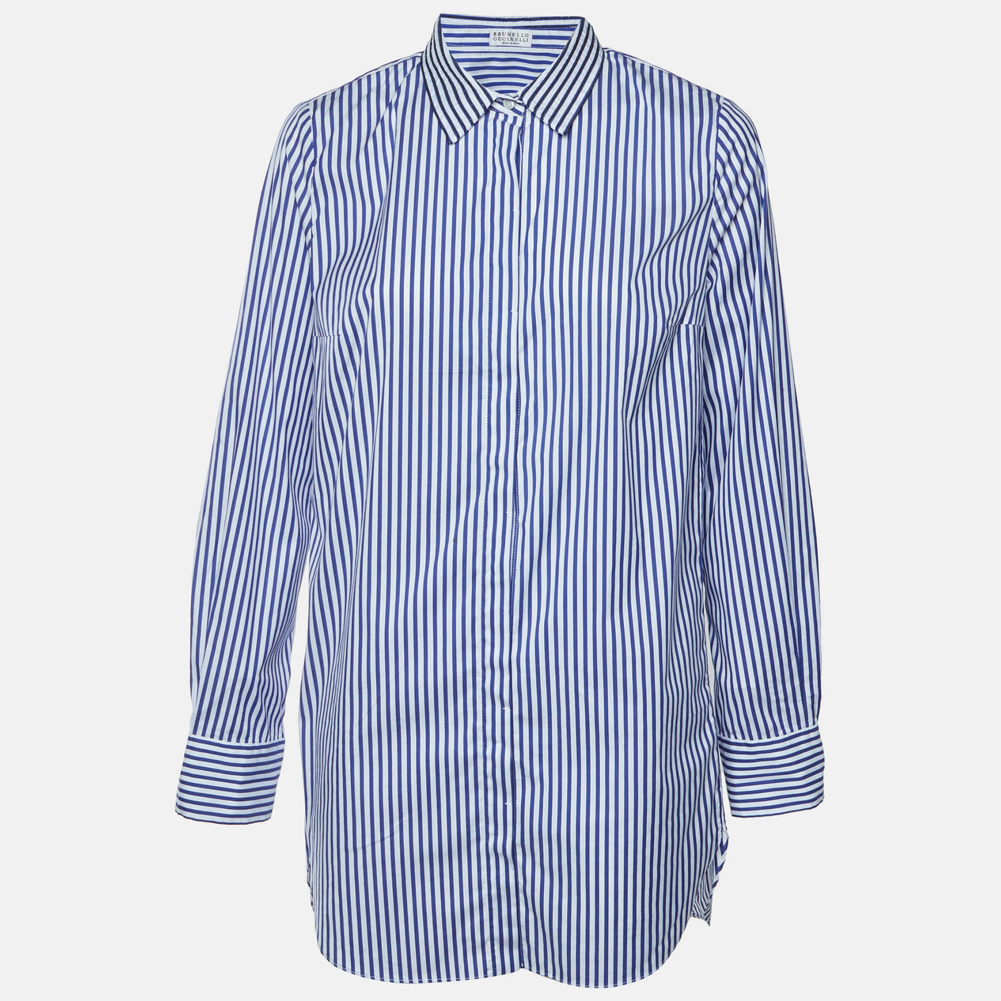 Brunello Cucinelli Blue/White Striped Cotton Monili Collar Shirt XXL