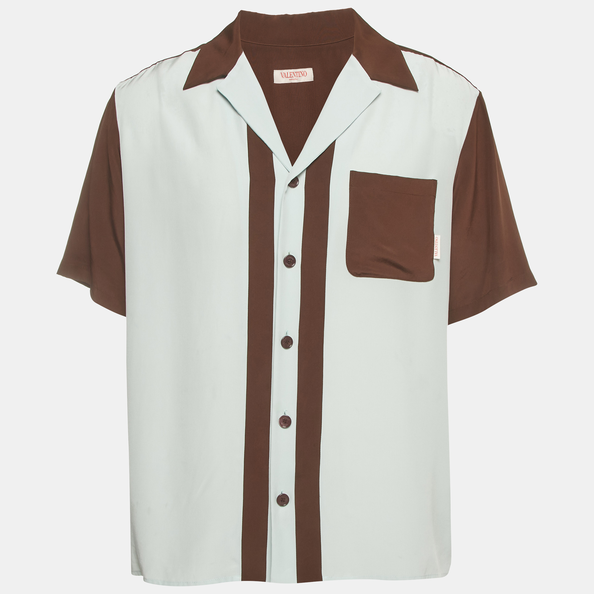 Valentino Brown/ Blue Satin Short Sleeve Bowling Shirt XS