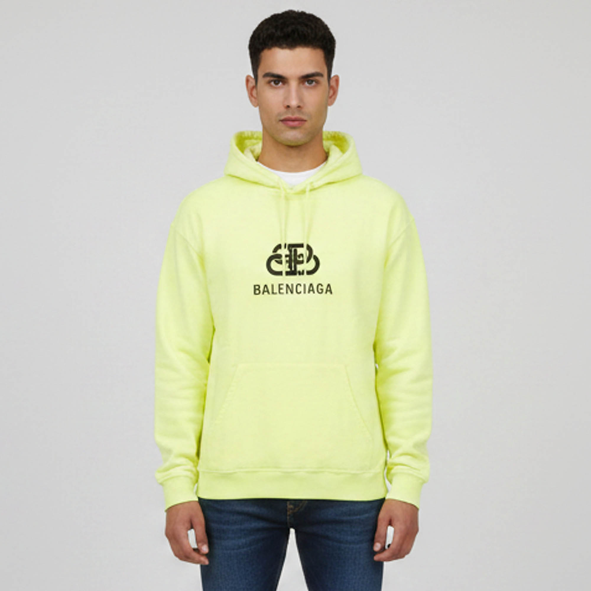 Balenciaga Neon Yellow Logo Graphic Cotton Knit Hoodie S