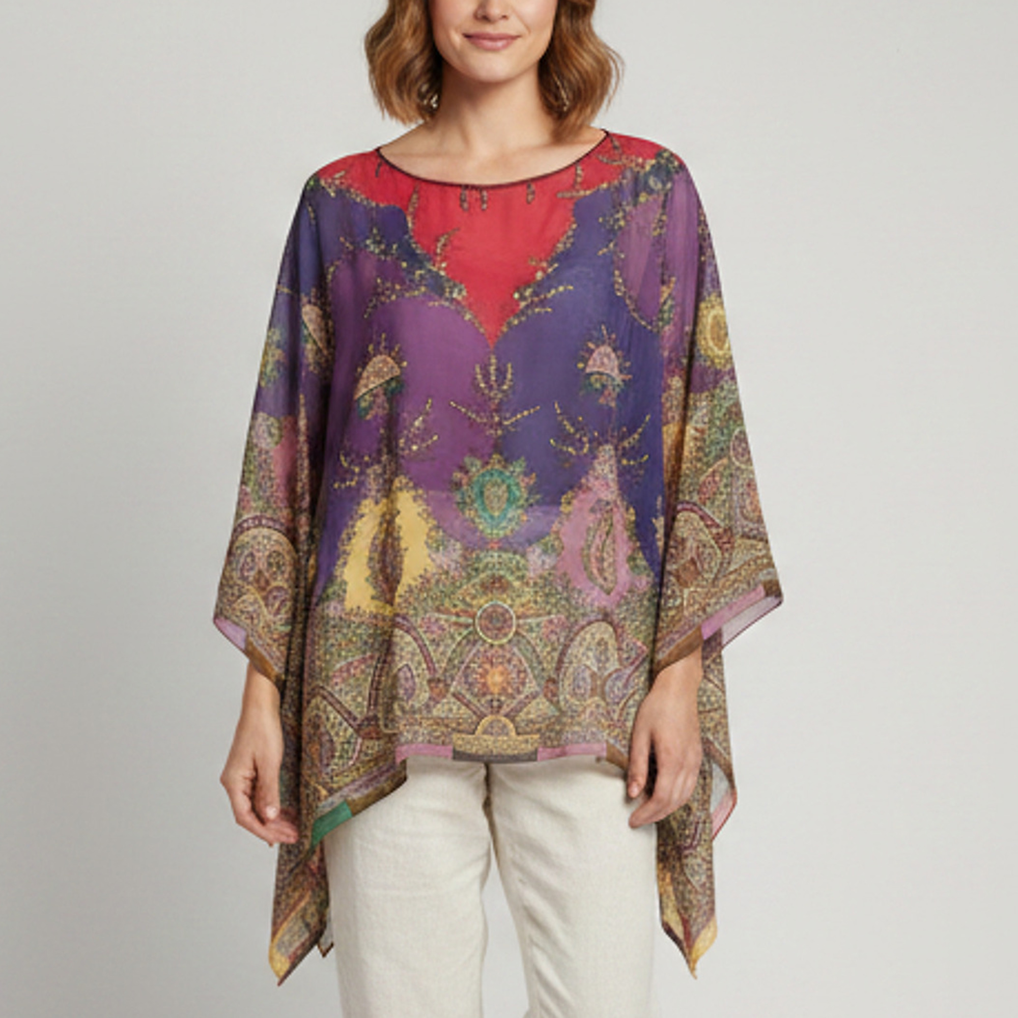 Etro Multicolor Paisley Print Beaded Chiffon Kaftan Blouse One Size