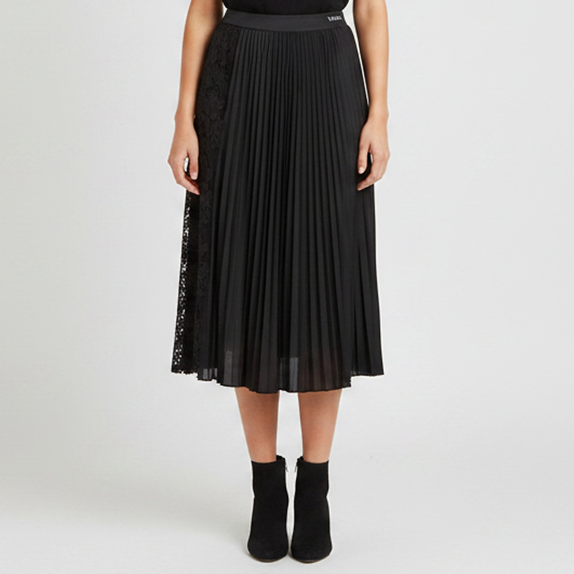 Valentino Black Pliss&eacute; Knit Lace Trim Midi Skirt L