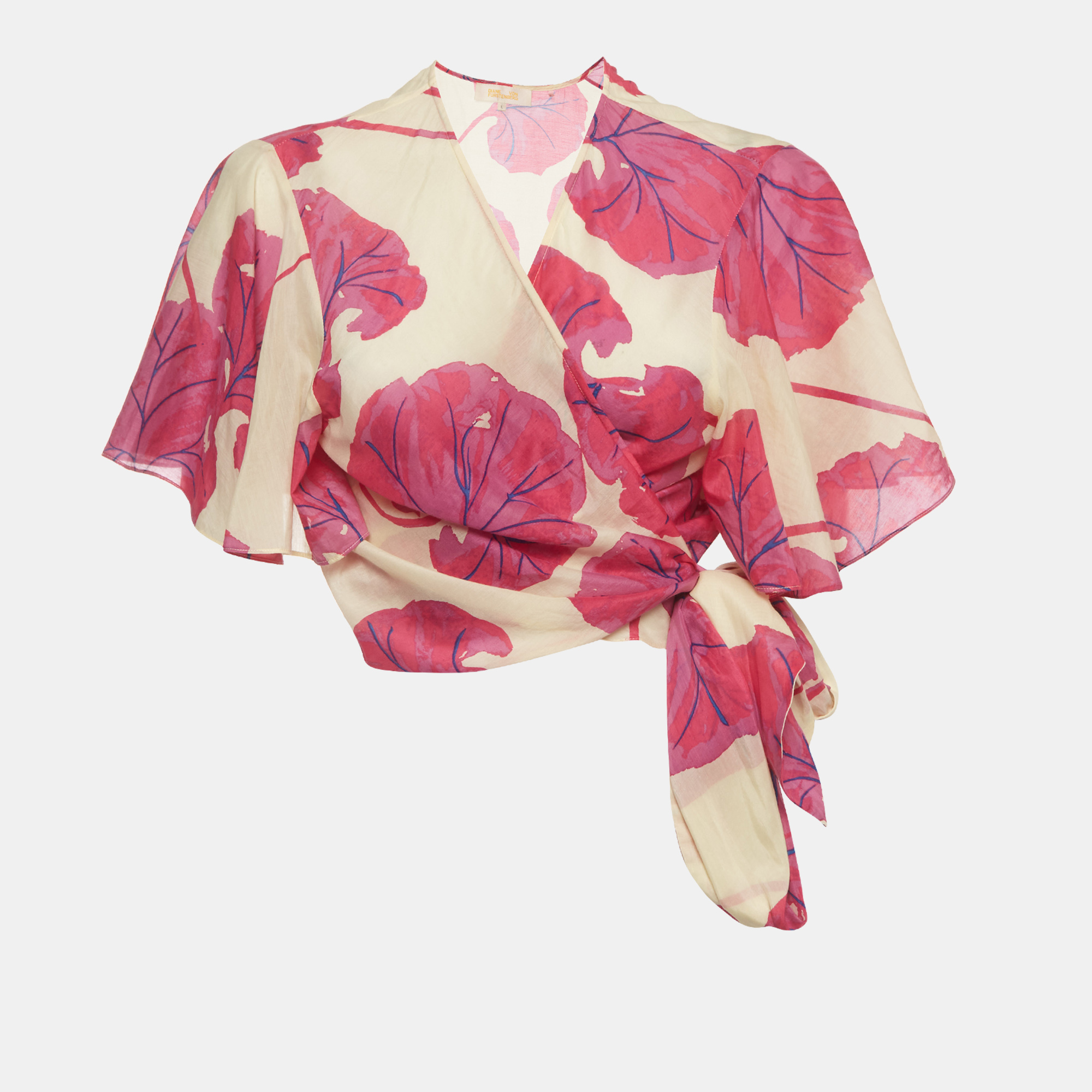Diane von Furstenberg Cream Floral Print Voile Hailey Wrap Top L