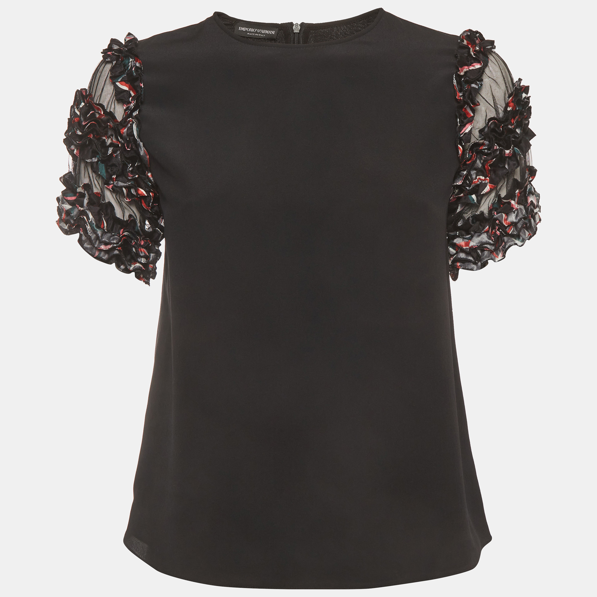 Emporio Armani Black Silk Crepe Ruffle Trim Blouse S