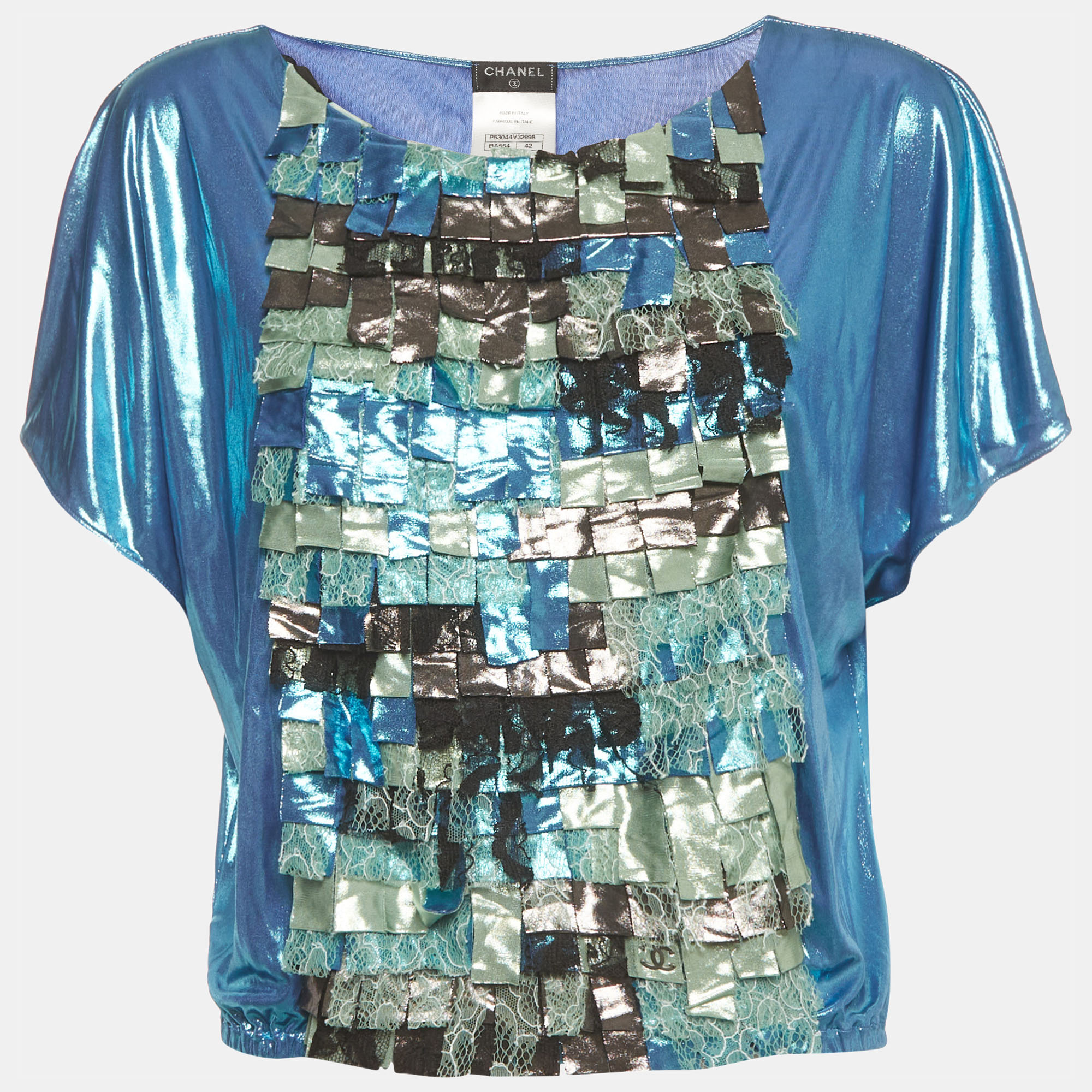 Chanel Blue Metallic Mosaic Lace Fringed Crewneck Top L