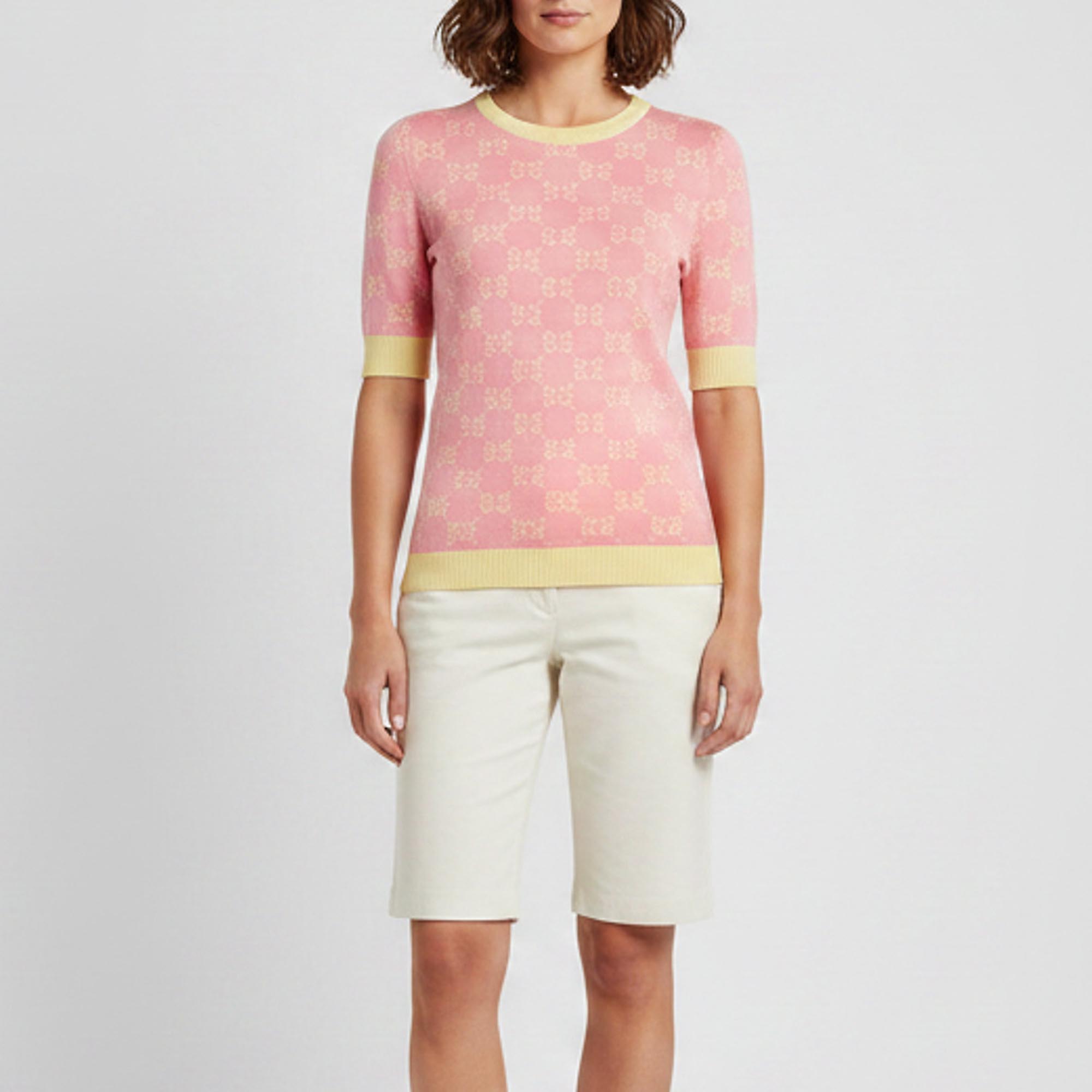 Gucci Pink Monogram Knit Short Sleeve Sweater S