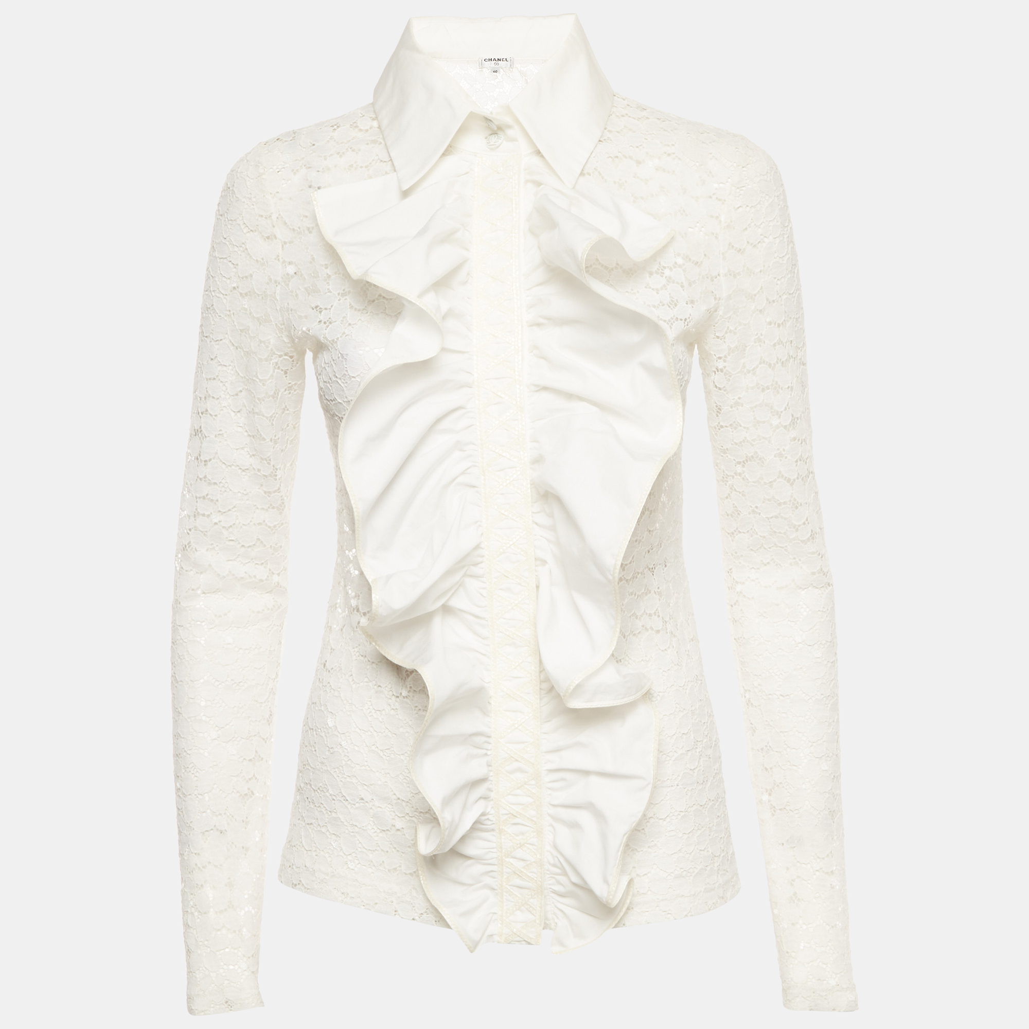 Chanel White Lace Ruffled Button Down Blouse M
