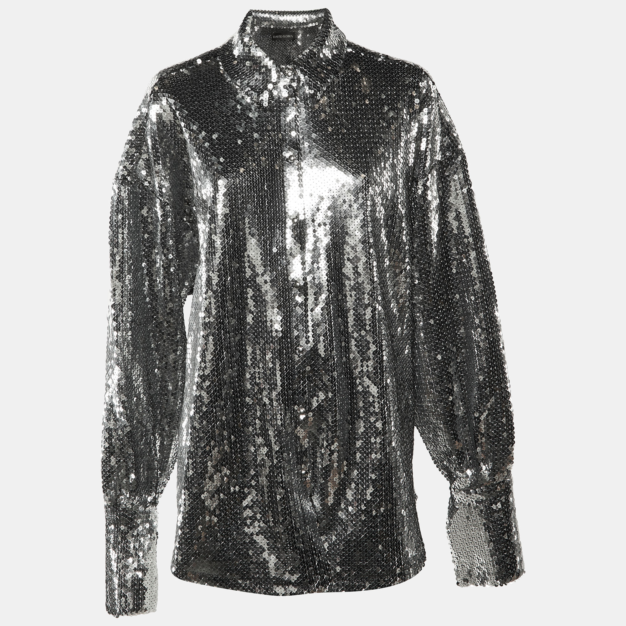 David Koma Silver Sequinned Oversized Shirt M