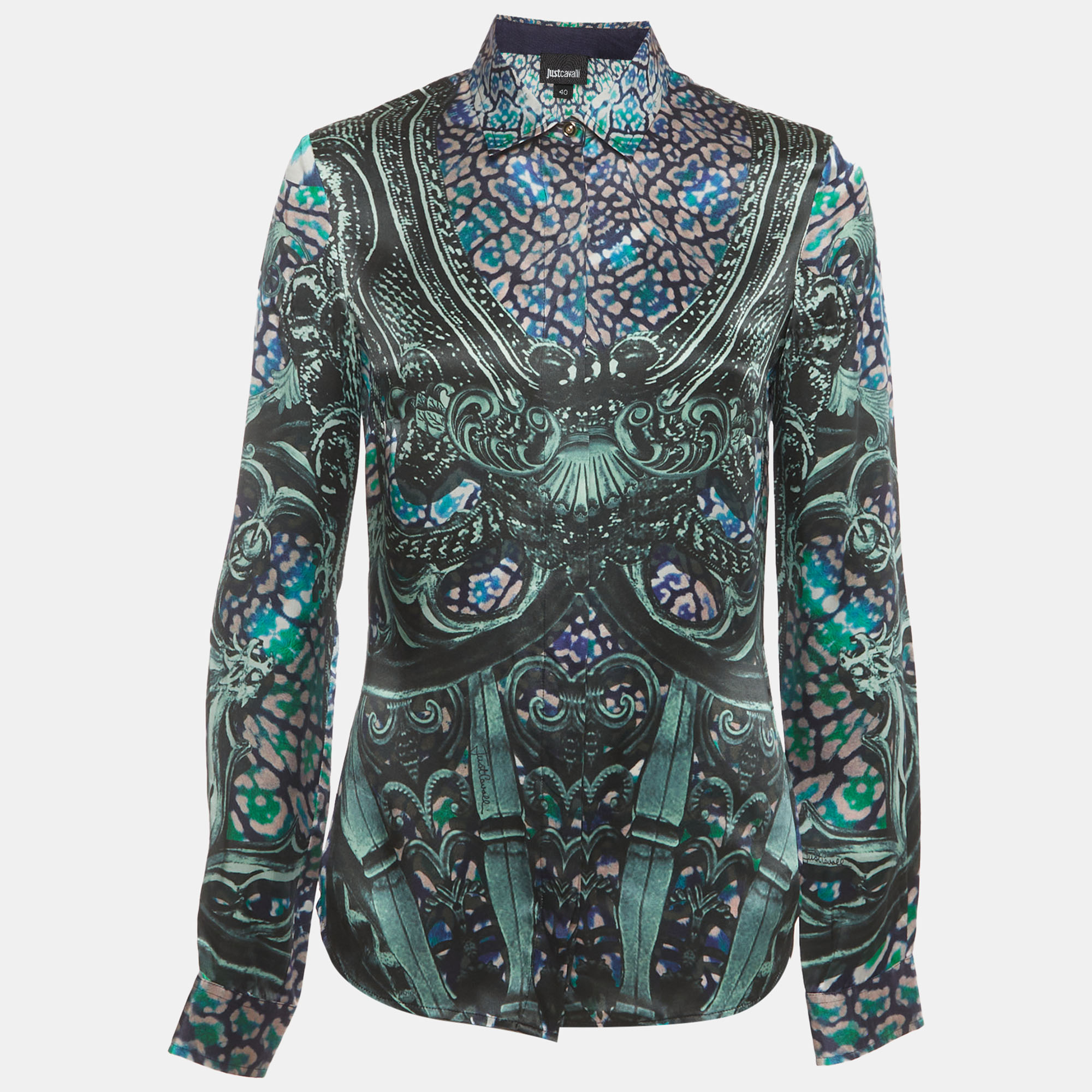 Just Cavalli Multicolor Floral Paisley Print Silk Satin Shirt S