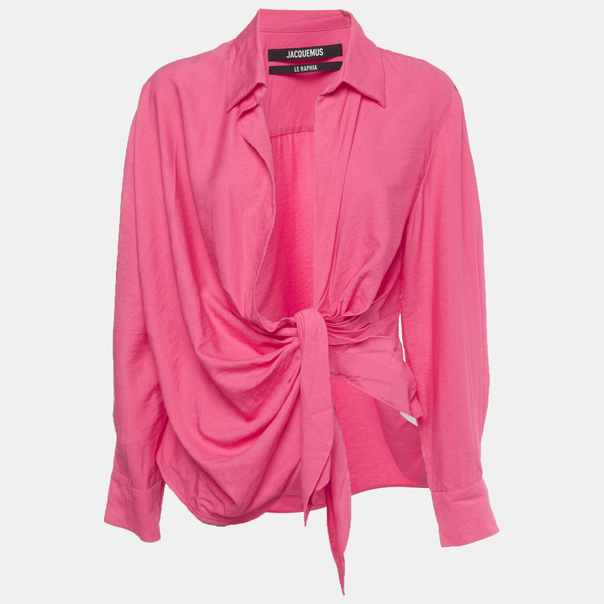 Jacquemus Pink Crepe Draped Plunge Neck Bahia Shirt M