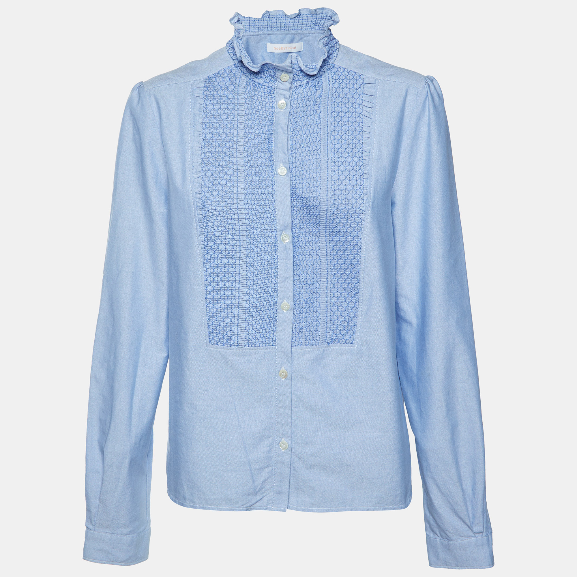 See by Chloe Blue Cottom Smocked Long Sleeve Shirt L