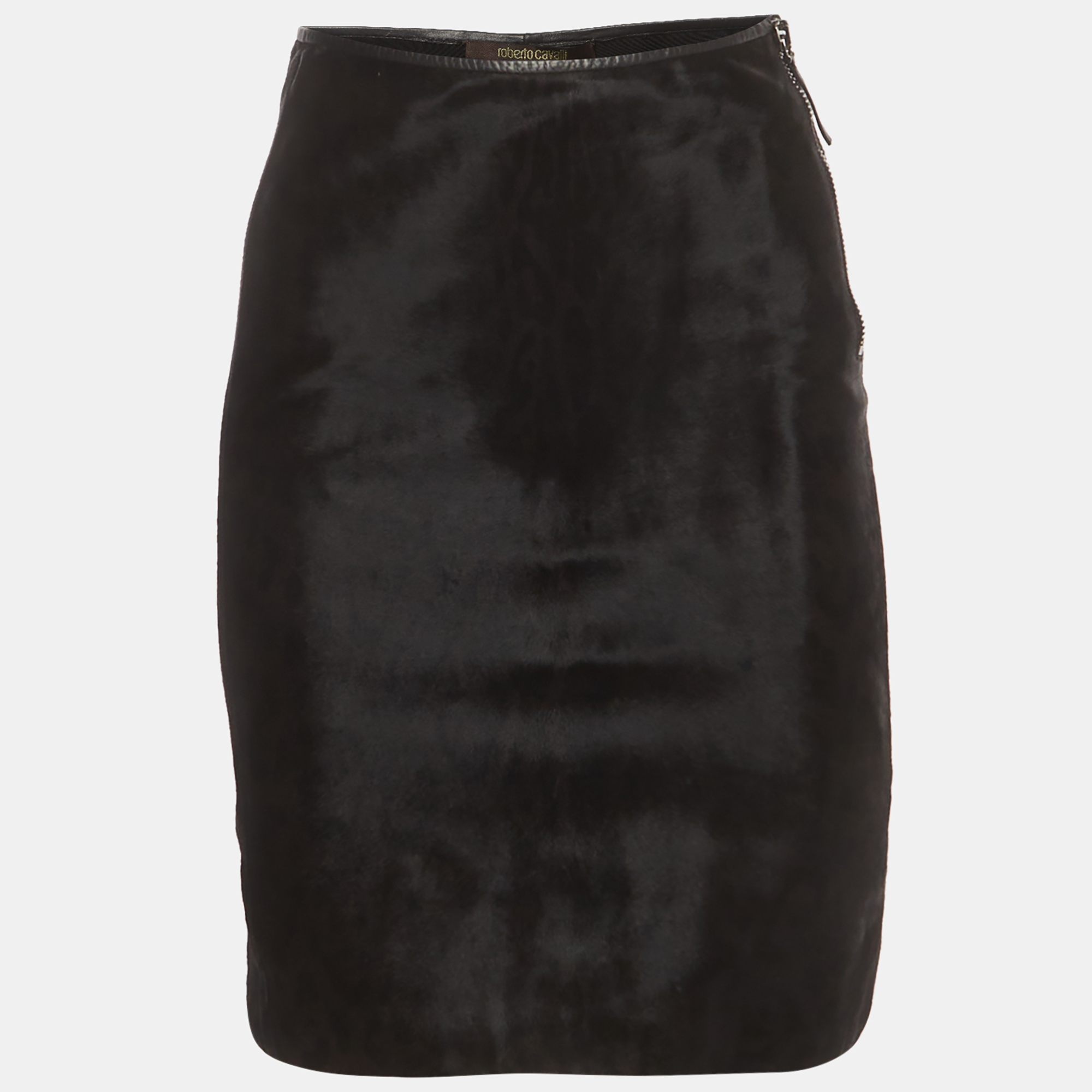 Roberto Cavalli Black Fur & Leather Knee Length Skirts S
