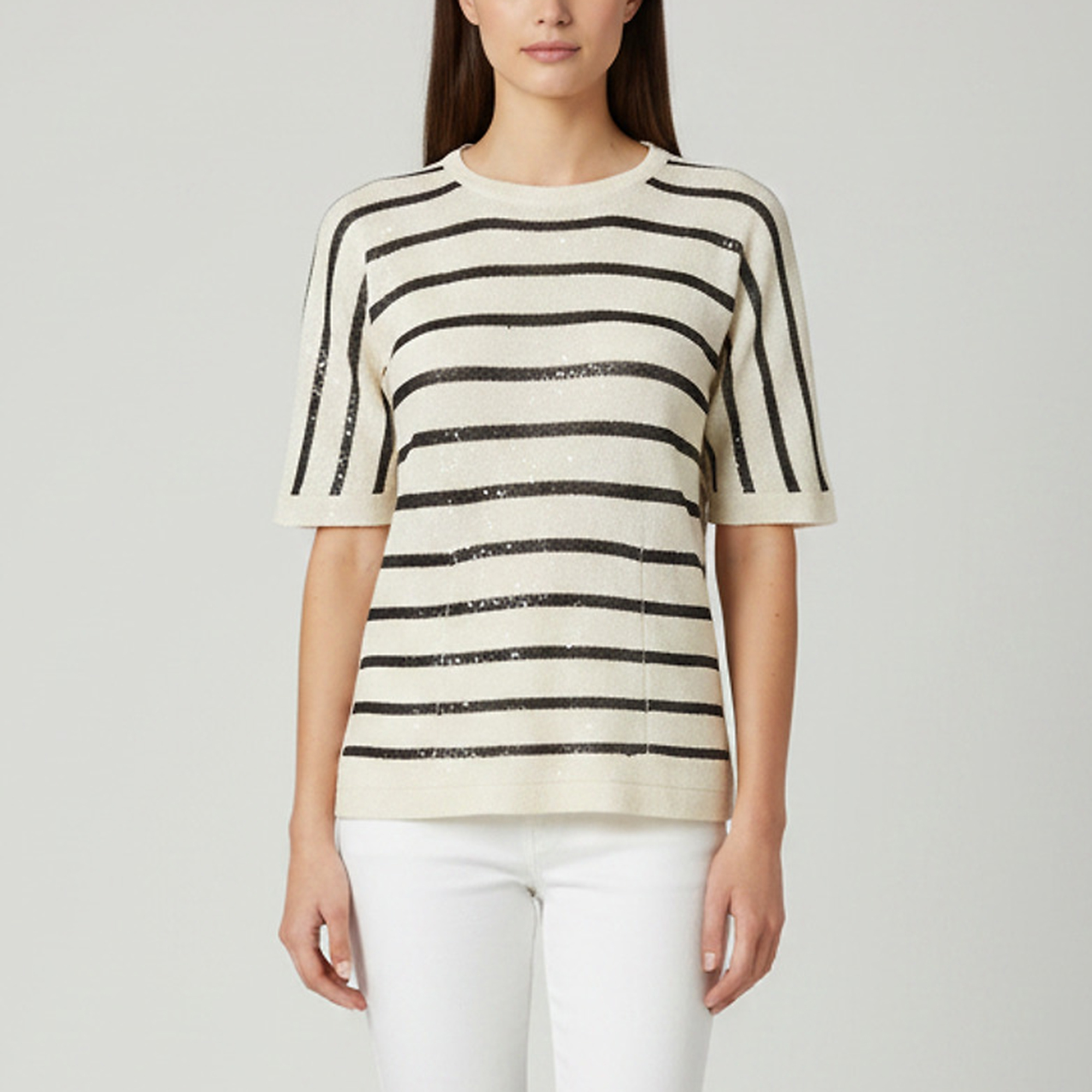 Brunello Cucinelli Cream/Black Stripe Sequin Open Knit Crewneck Top S