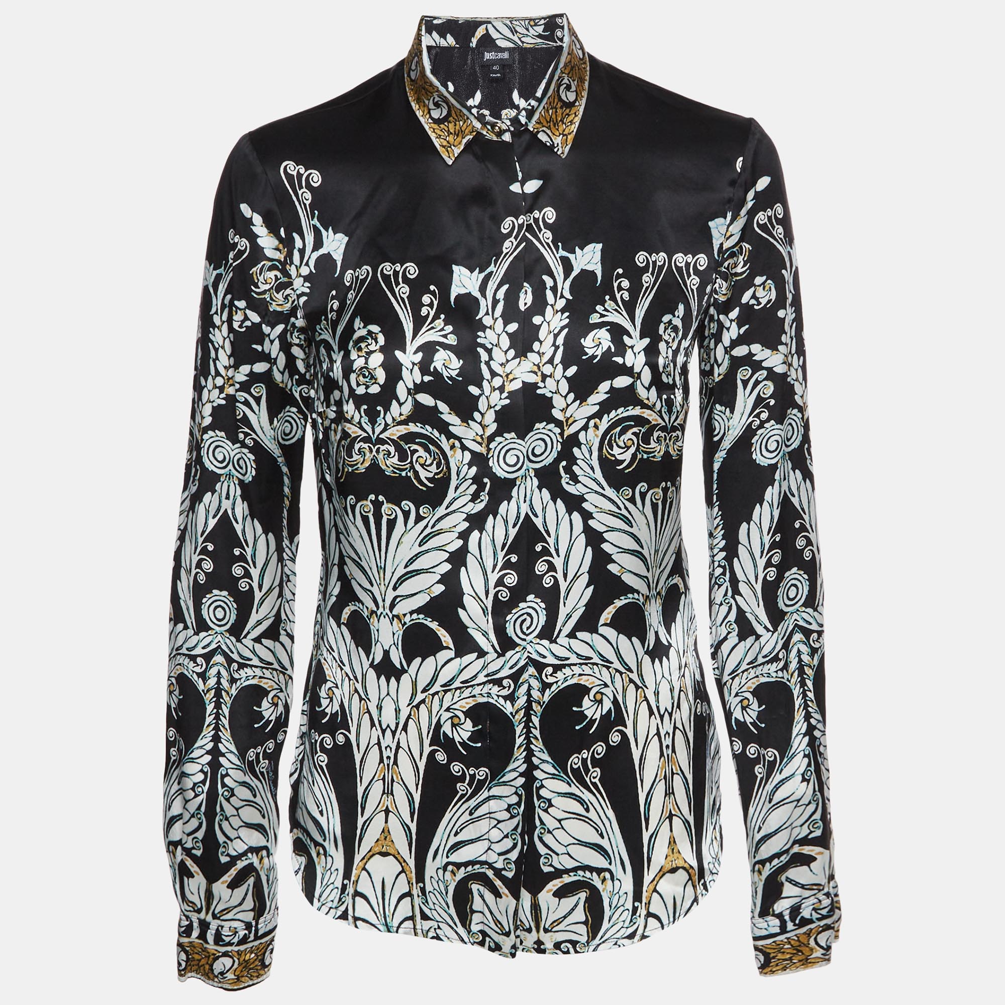 Just Cavalli Black Broccato Print Satin Blouse S