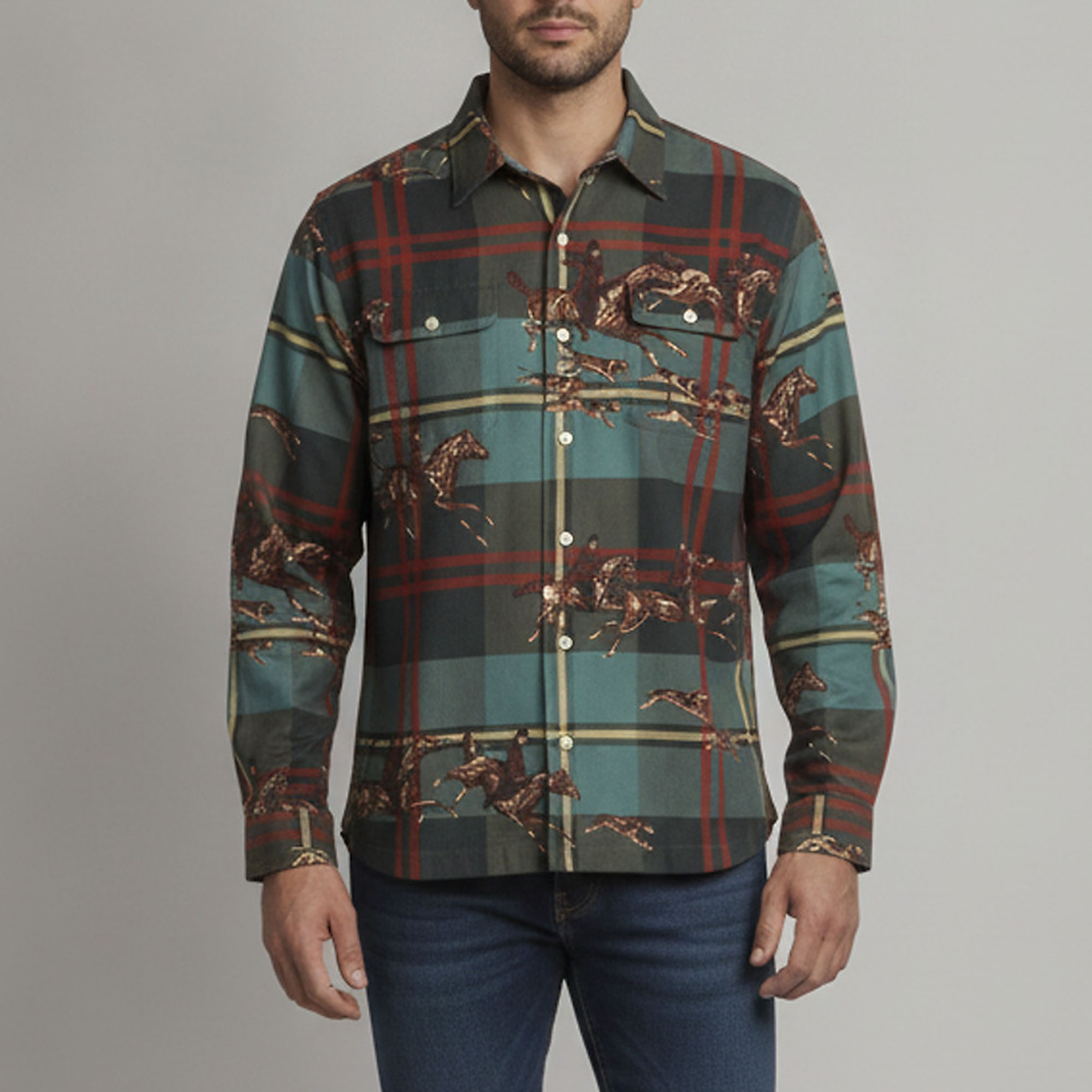 Polo Ralph Lauren Green Equestrian Print Cotton Lyocell Blend Shirt L