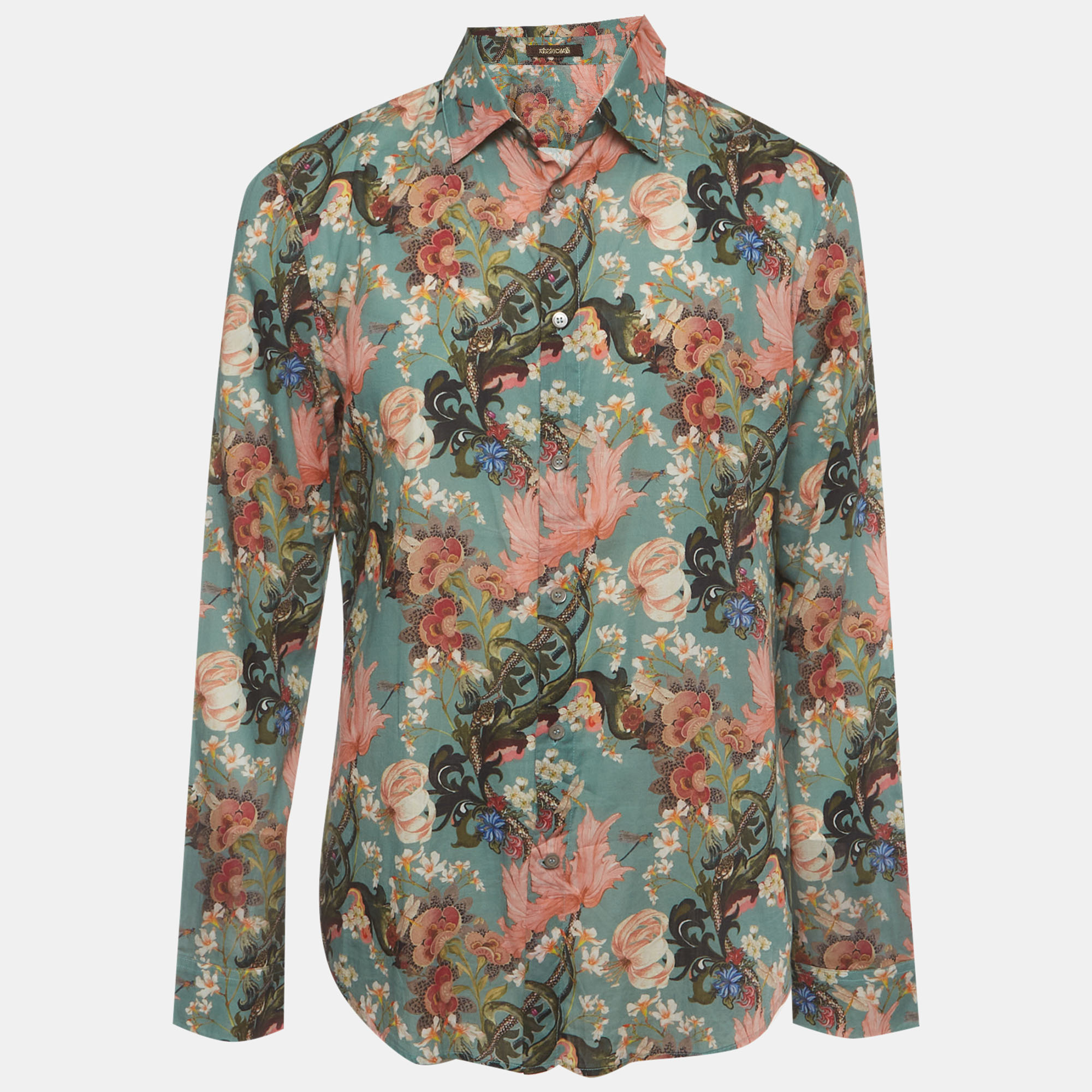 Roberto Cavalli Green Floral Print Cotton Long Sleeve Shirt XL