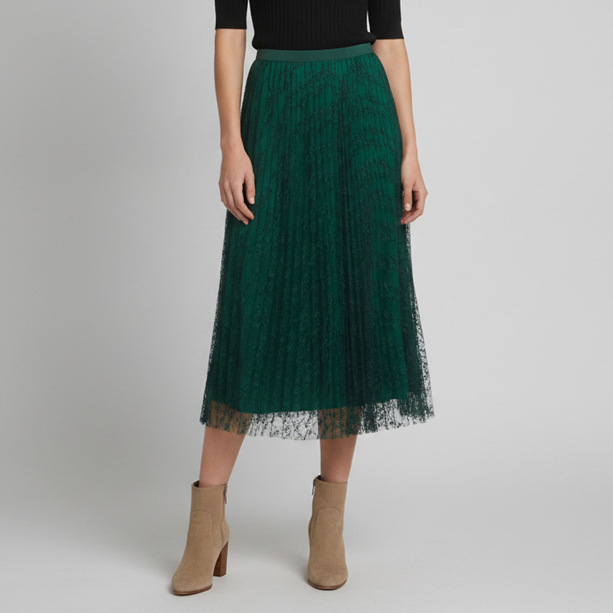 Max Mara Studio Green Pleated Chantilly Lace Sierra Midi Skirt M