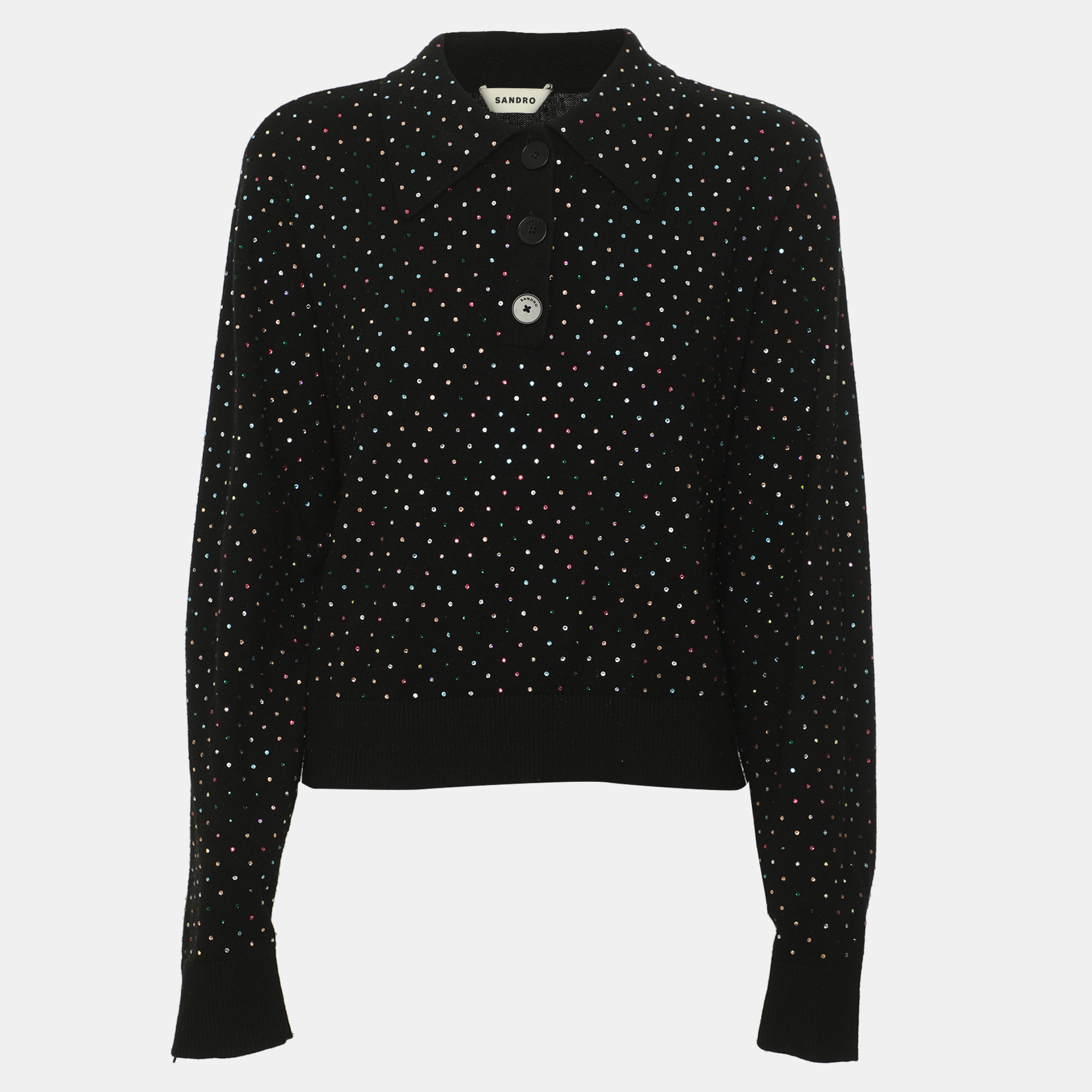 Sandro Black Wool Blend Rhinestone Embellished Long Sleeve Sweater S