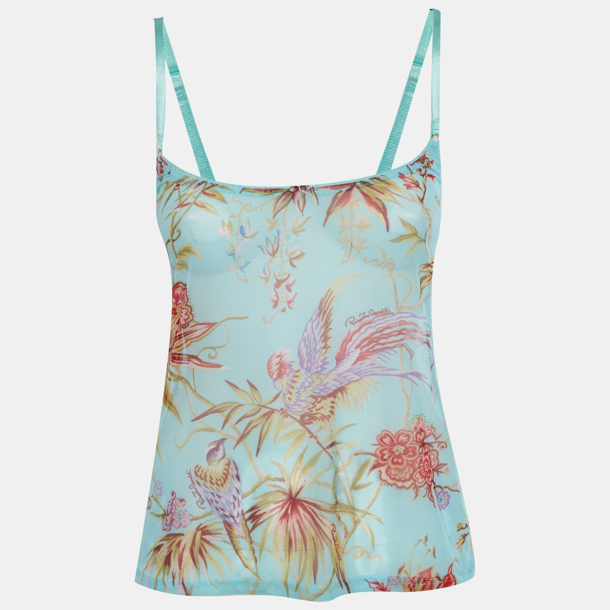 Roberto Cavalli Blue Oriental Bird Print Sheer Mesh Top L