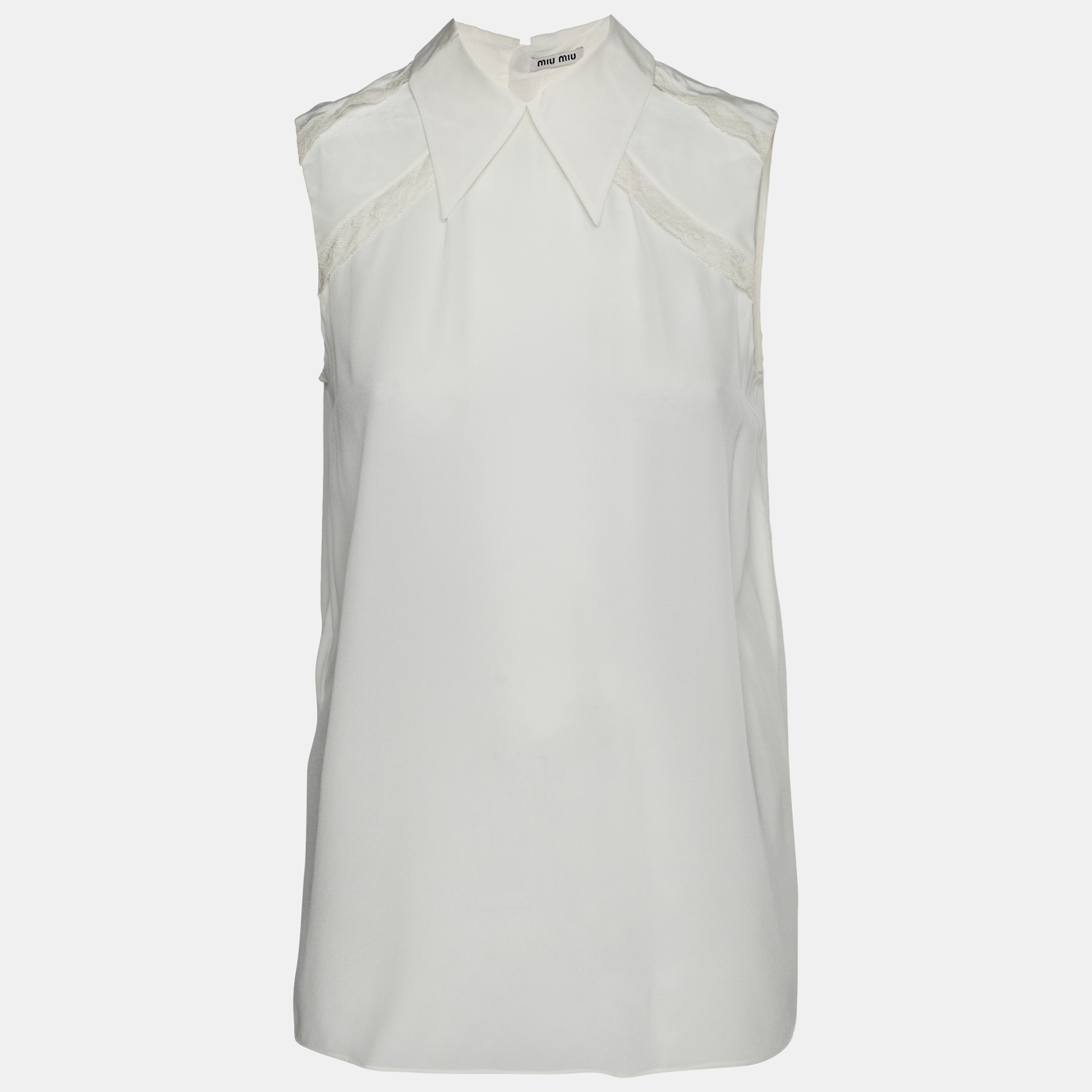 Miu Miu White Crepe Lace Trimmed Sleeveless Top M