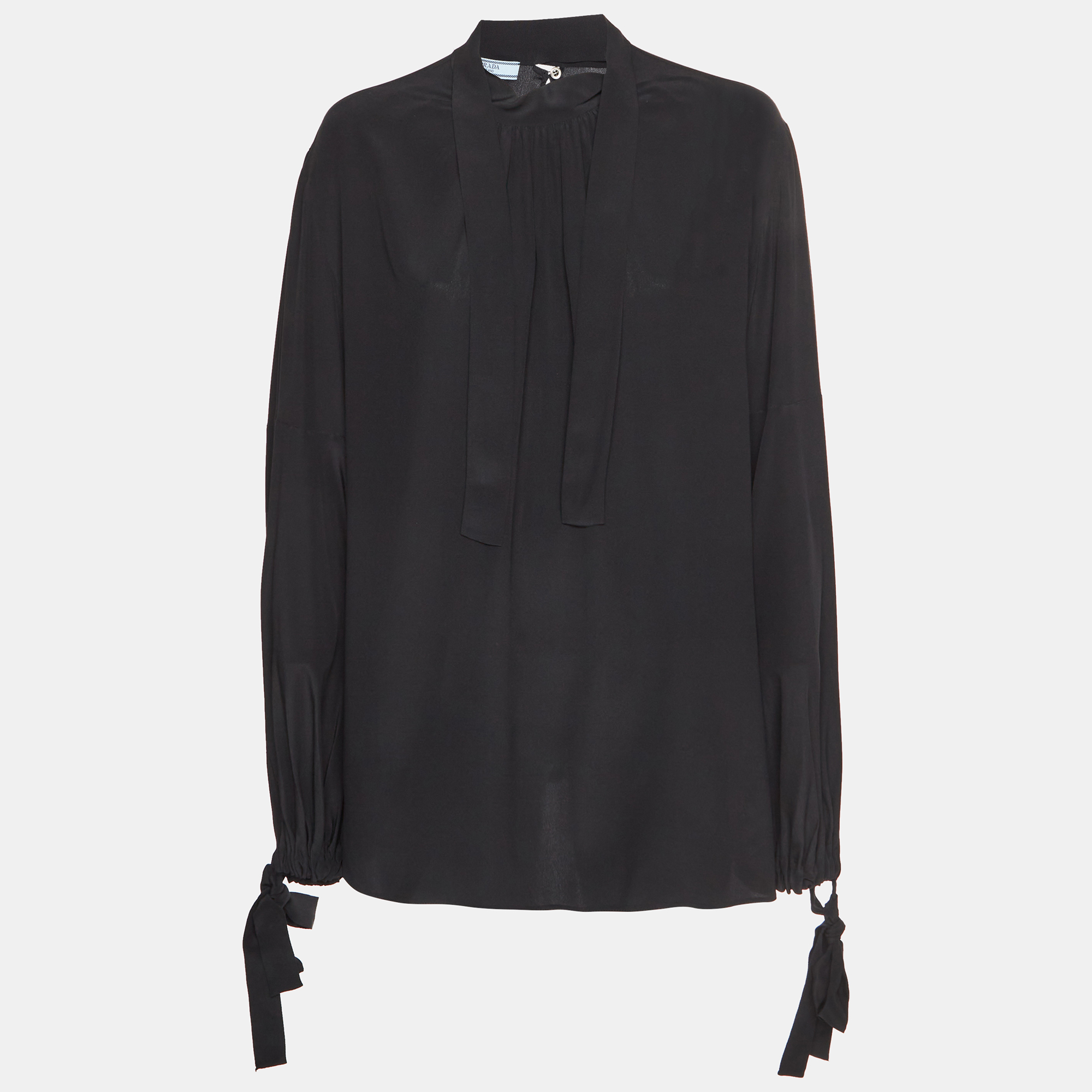 Prada Black Crepe Gathered Neck Tie Blouse L
