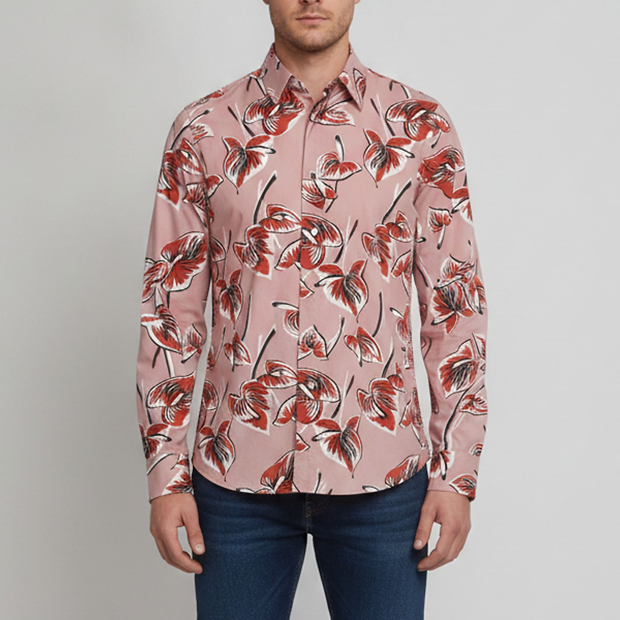 Marni Pink Leaf Print Cotton Long Sleeve Shirt L