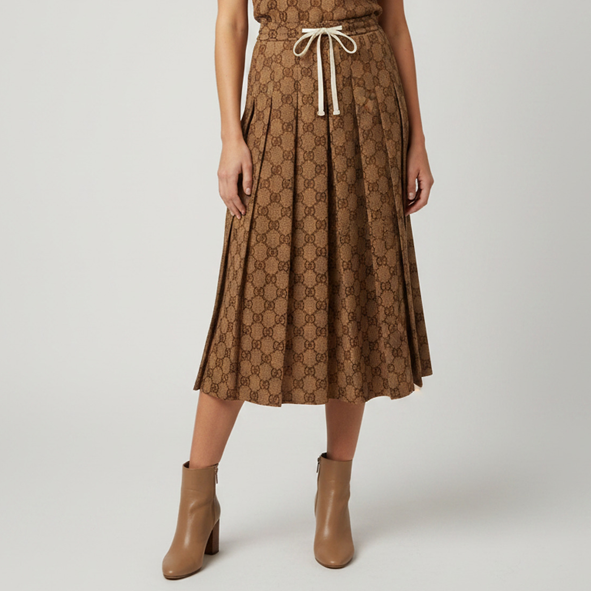 Gucci Brown Monogram Print Jersey Pleated Midi Skirt XS