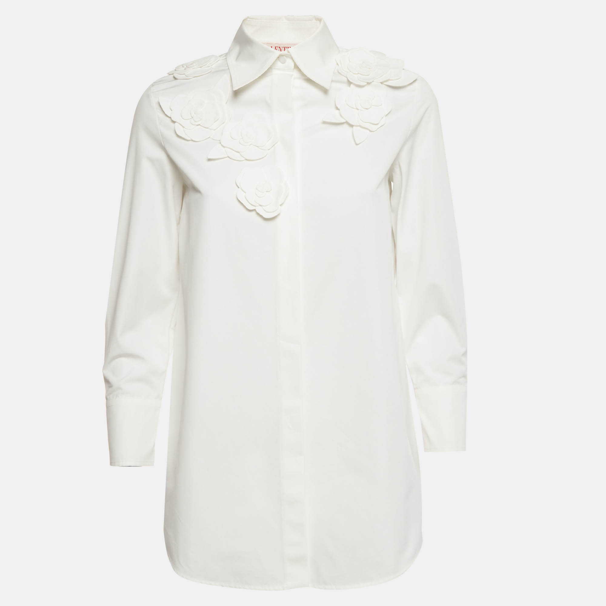 Valentino White 3D Floral Applique Poplin Button Up Shirt XS