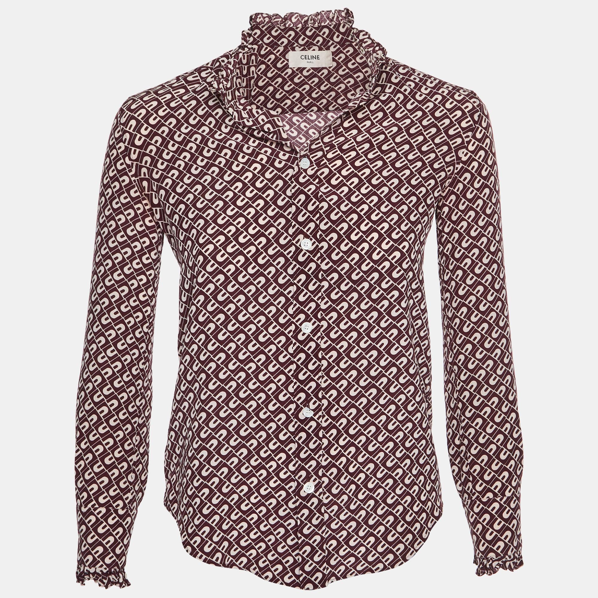 Celine Burgundy Geometric Print Silk-Crepe Ruffle Blouse S