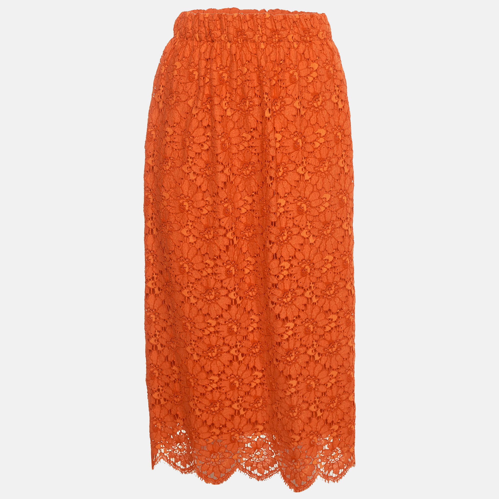 Gucci Orange Floral Lace Scalloped Hem Midi Skirt L