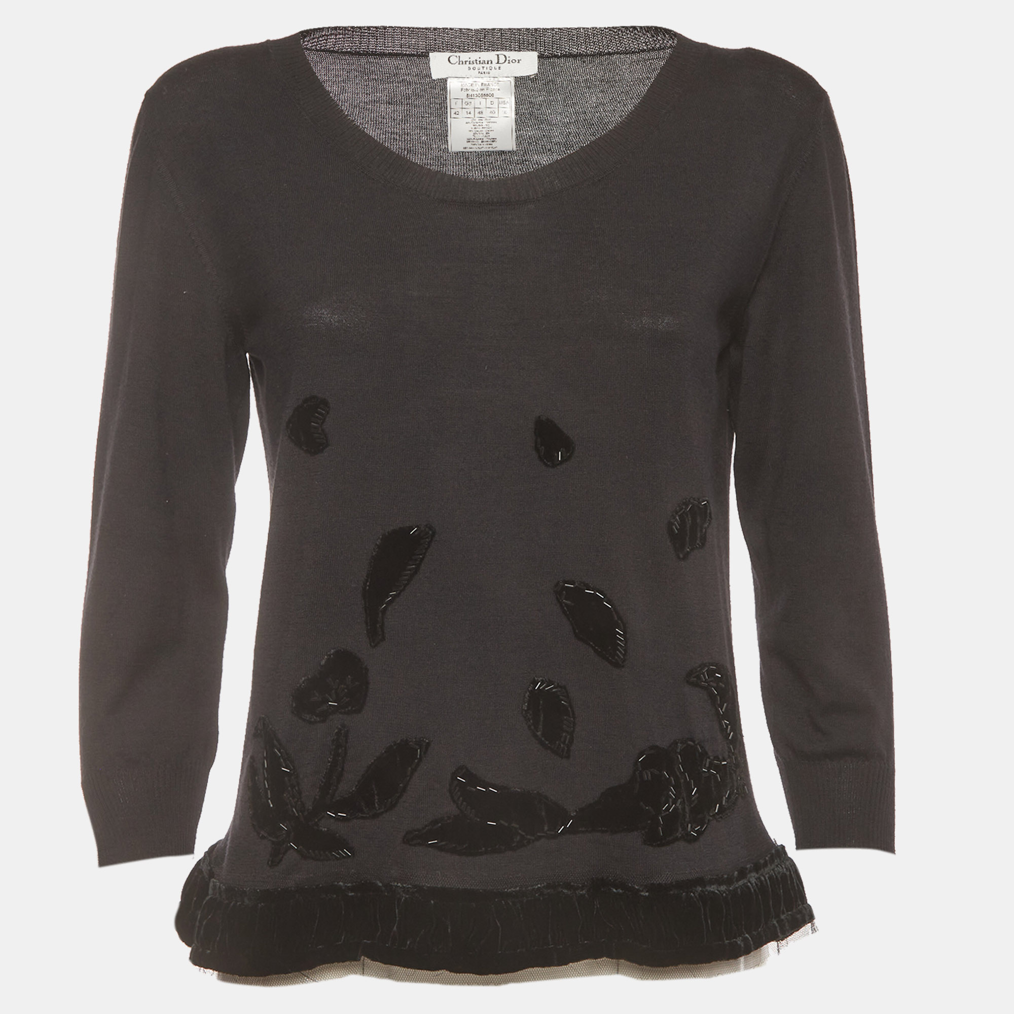 Christian Dior Vintage Black Wool Blend Velvet Trim Top L