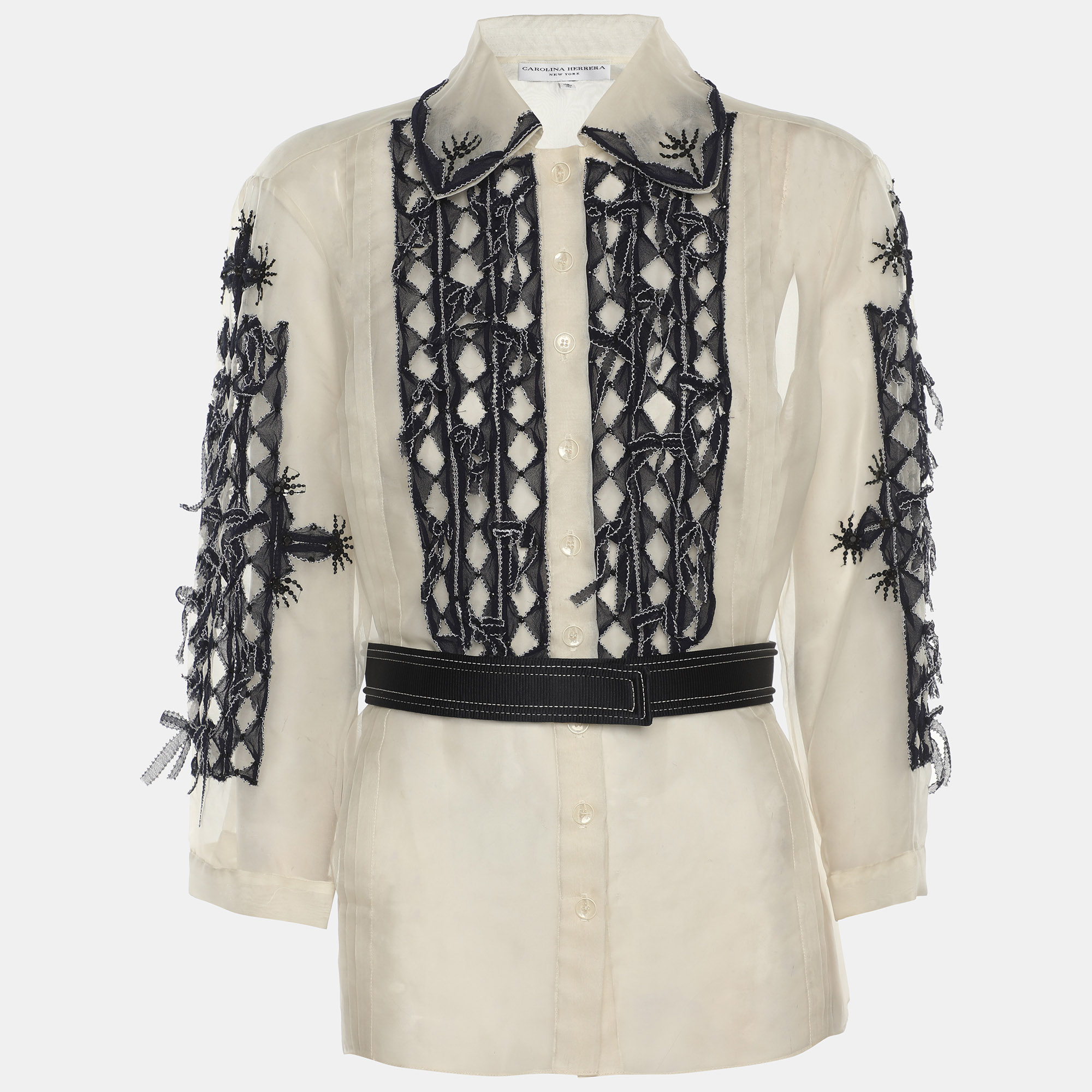 CH Carolina Herrera Off-White/Blue Tulle Embroidered Top L