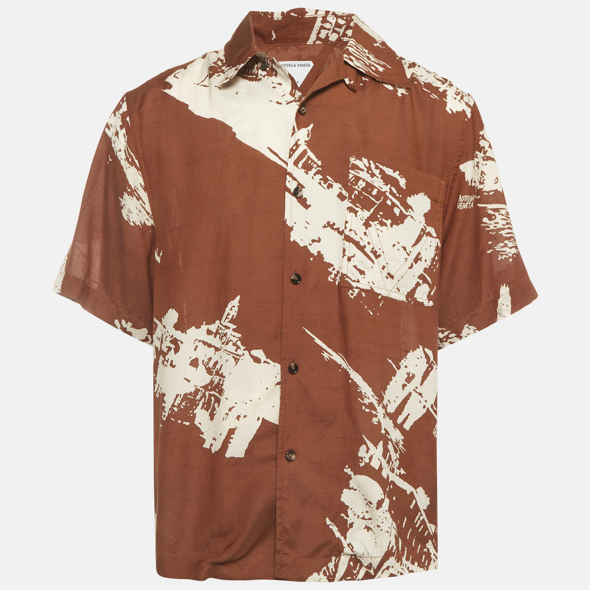Bottega Veneta Brown Italian Postcard Print Silk Blend Bowling Shirt M