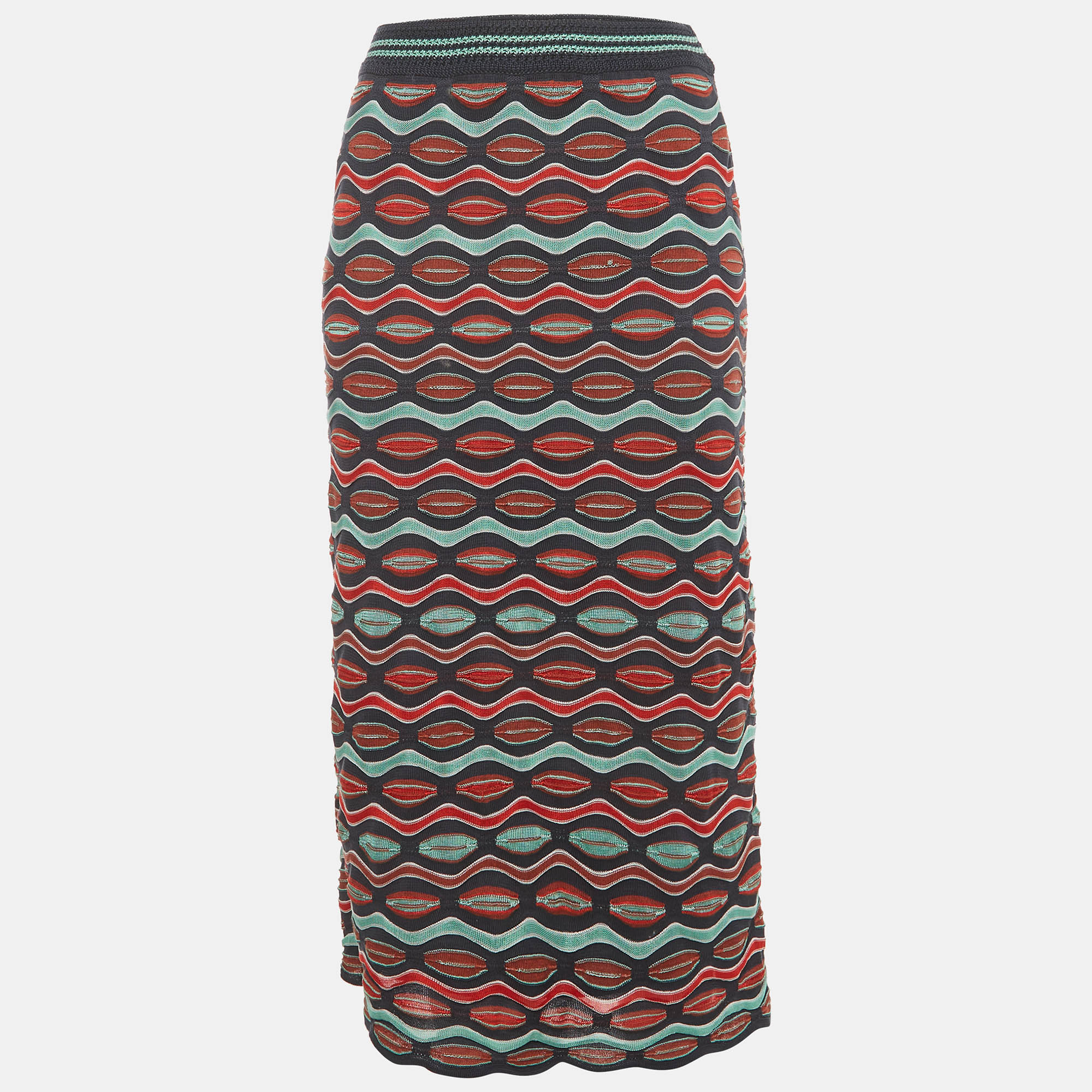 M Missoni Multicolour Wave Pattern Knit Midi Skirt S