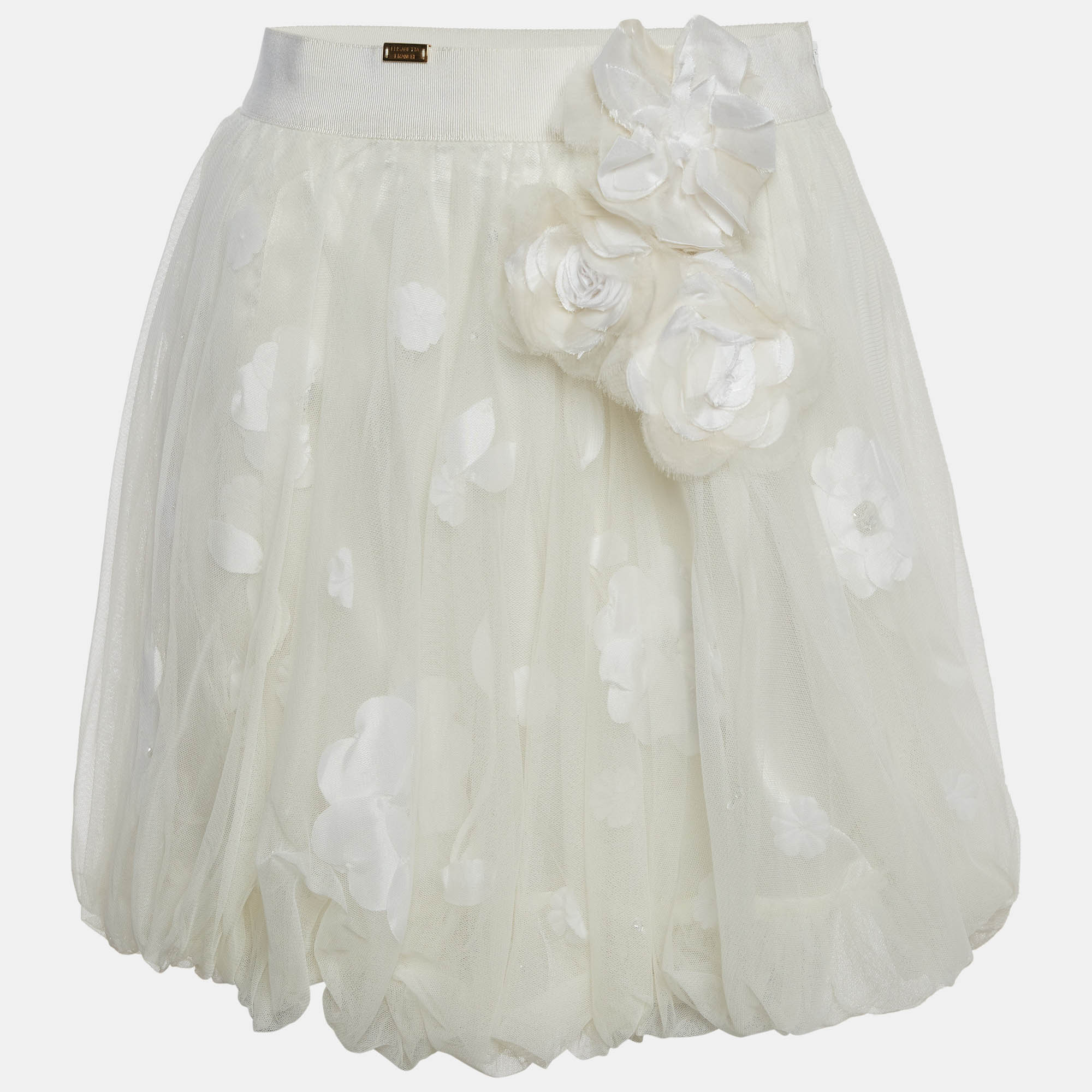 Elisabetta Franchi Off White Tulle Floral Applique Balloon Mini Skirt M