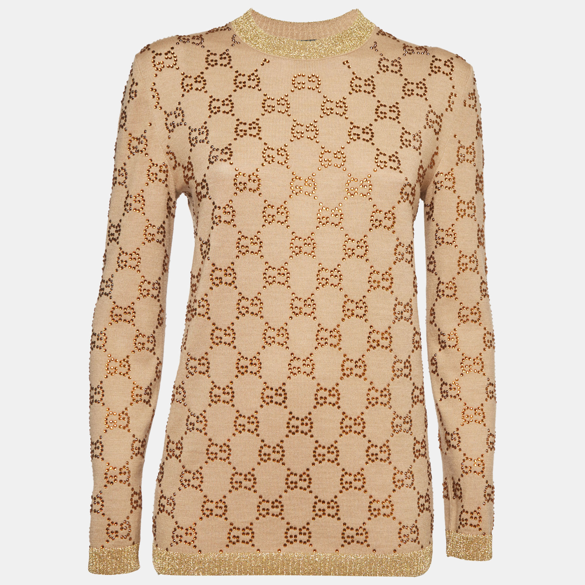 Gucci Brown GG Rhinestone Embellished Wool Knit Long Sleeve Jumper S